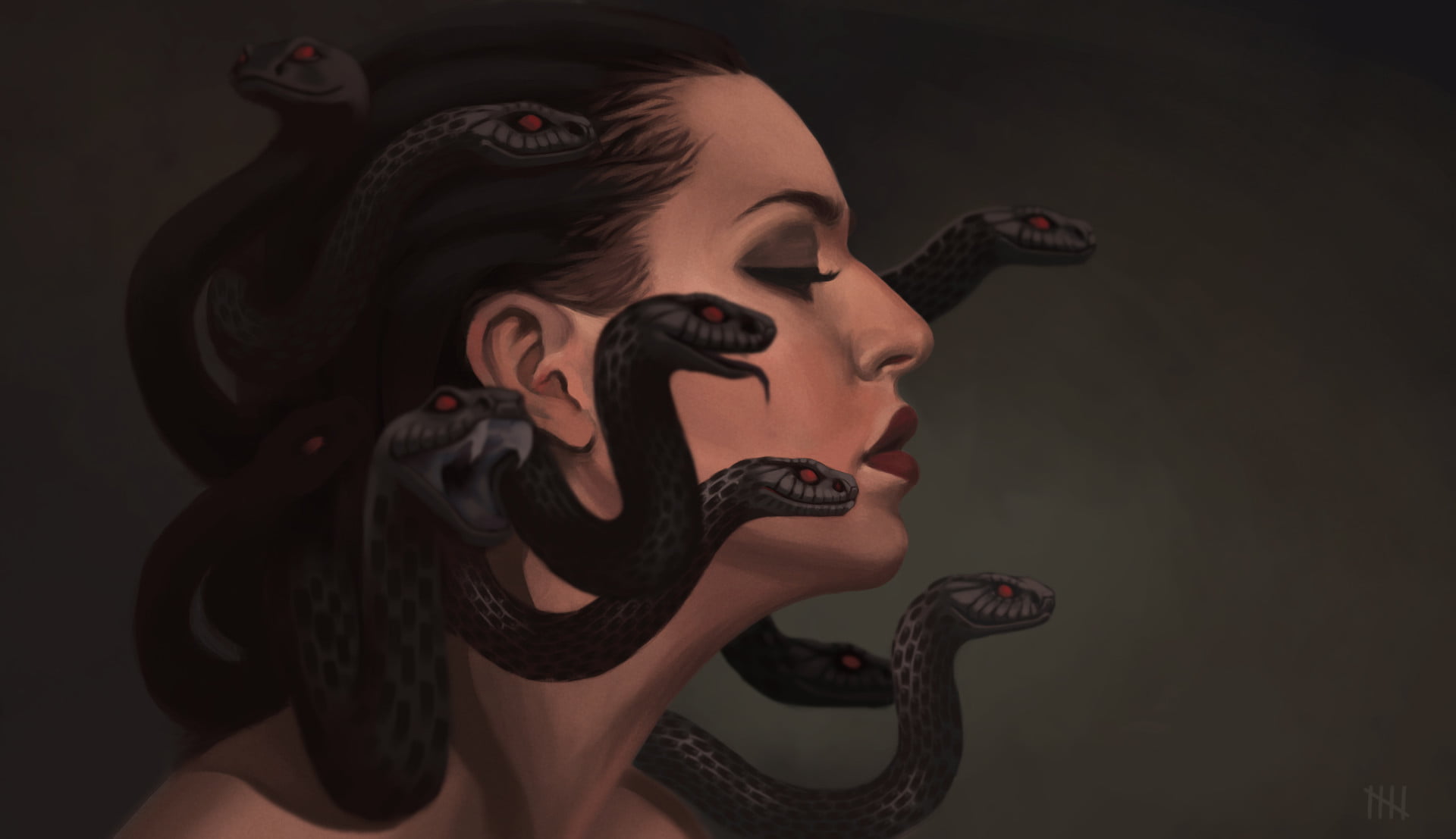 Medusa wallpaper, snakes, art, profile, gargona, reptile, human Face
