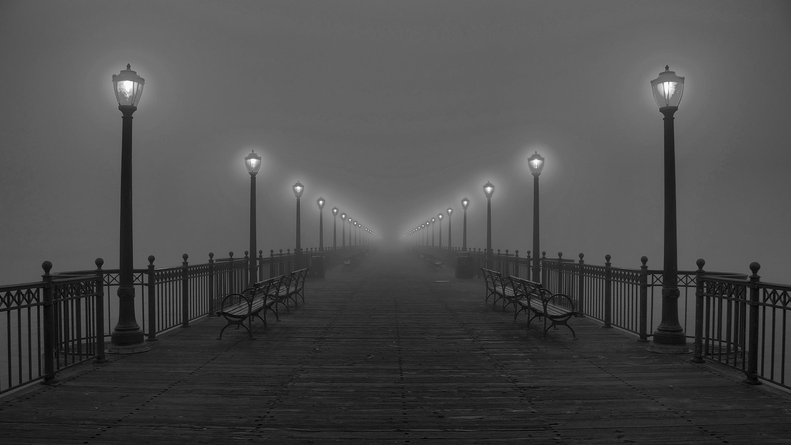 pier with lampposts, monochrome, night, bench, mist, lighting equipment