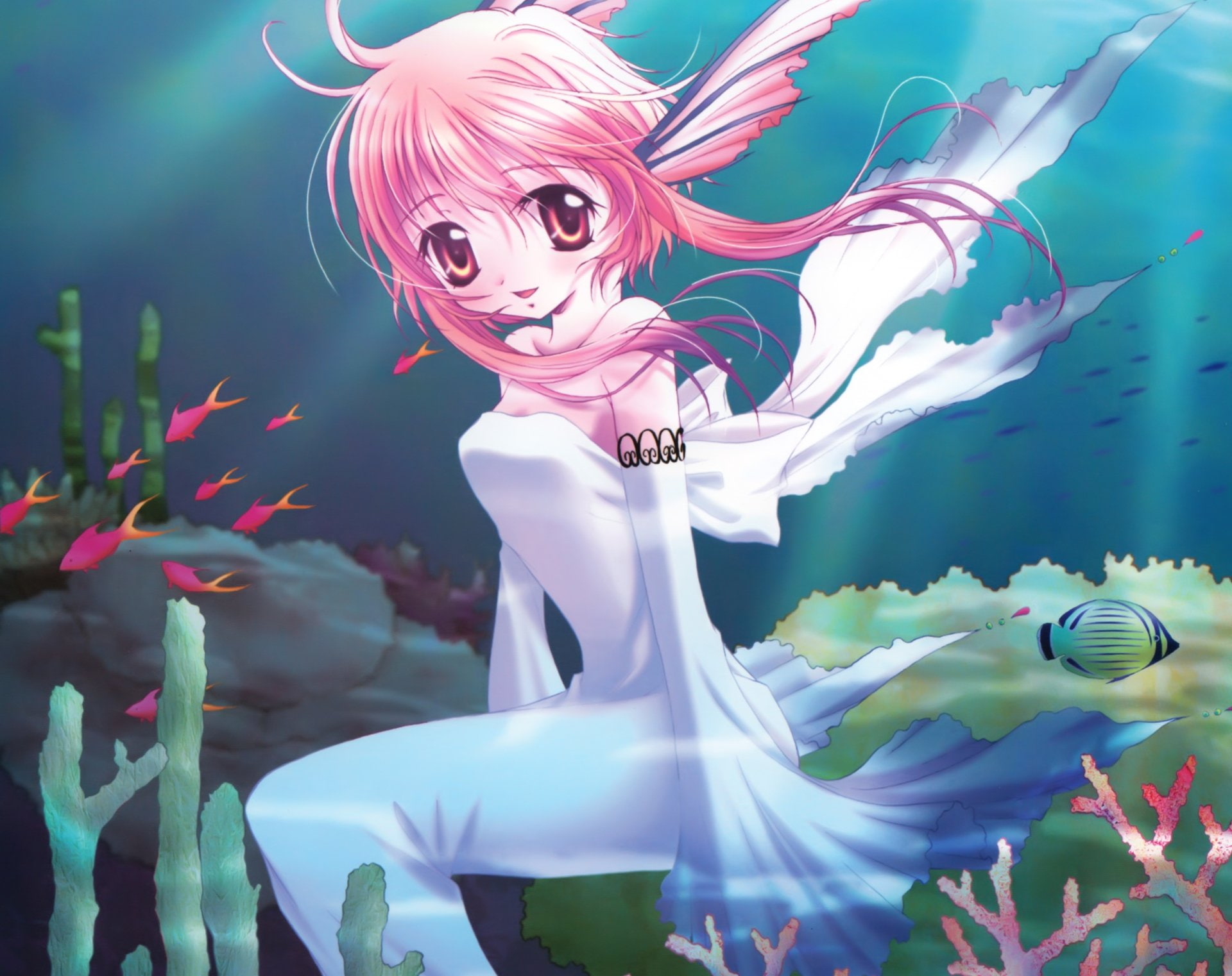 Anime, Original, Blush, Coral, Fish, Mermaid, Pink Eyes, Pink Hair