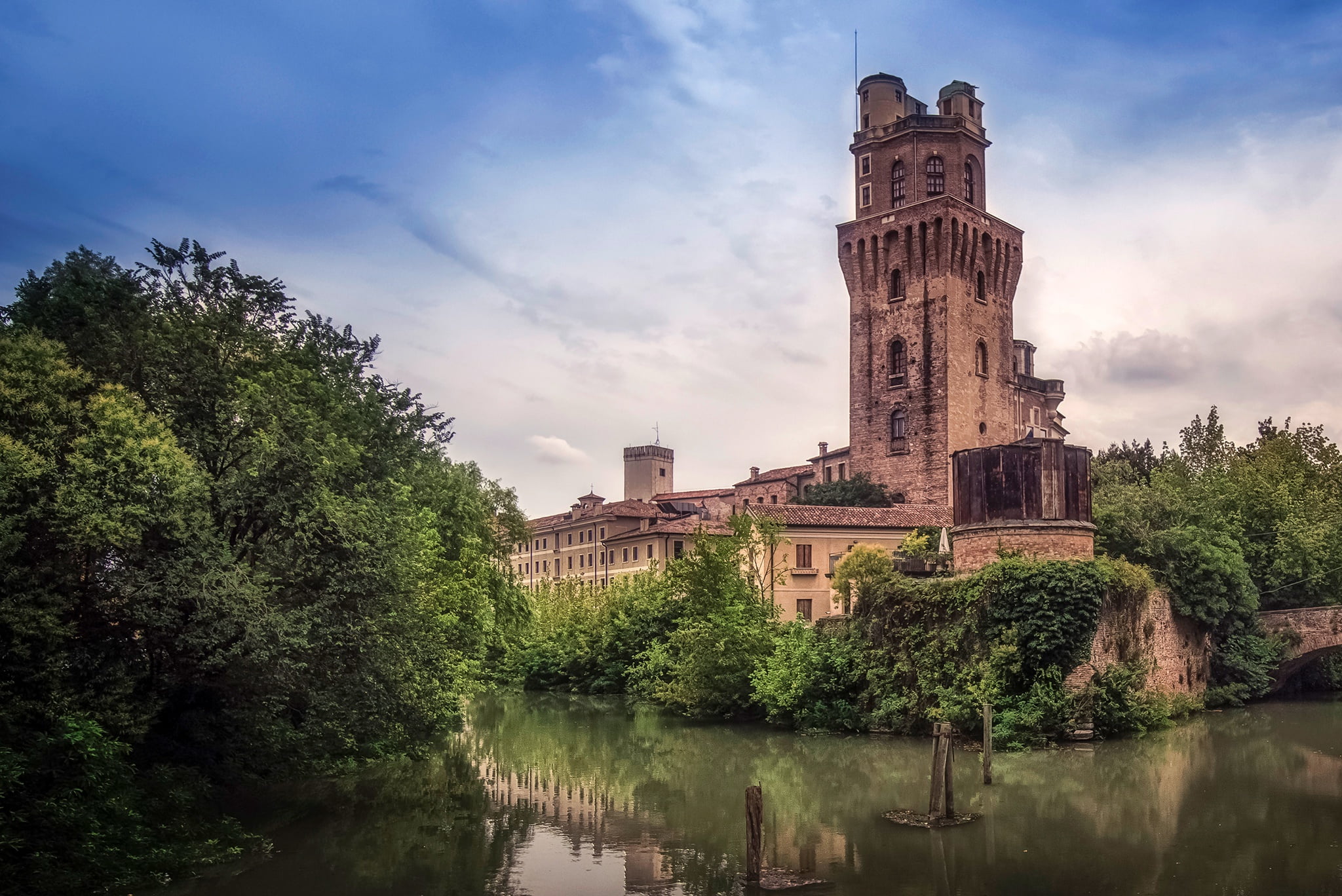the sky, clouds, trees, river, the building, tower, Italy, Astronomical Observatory Padova