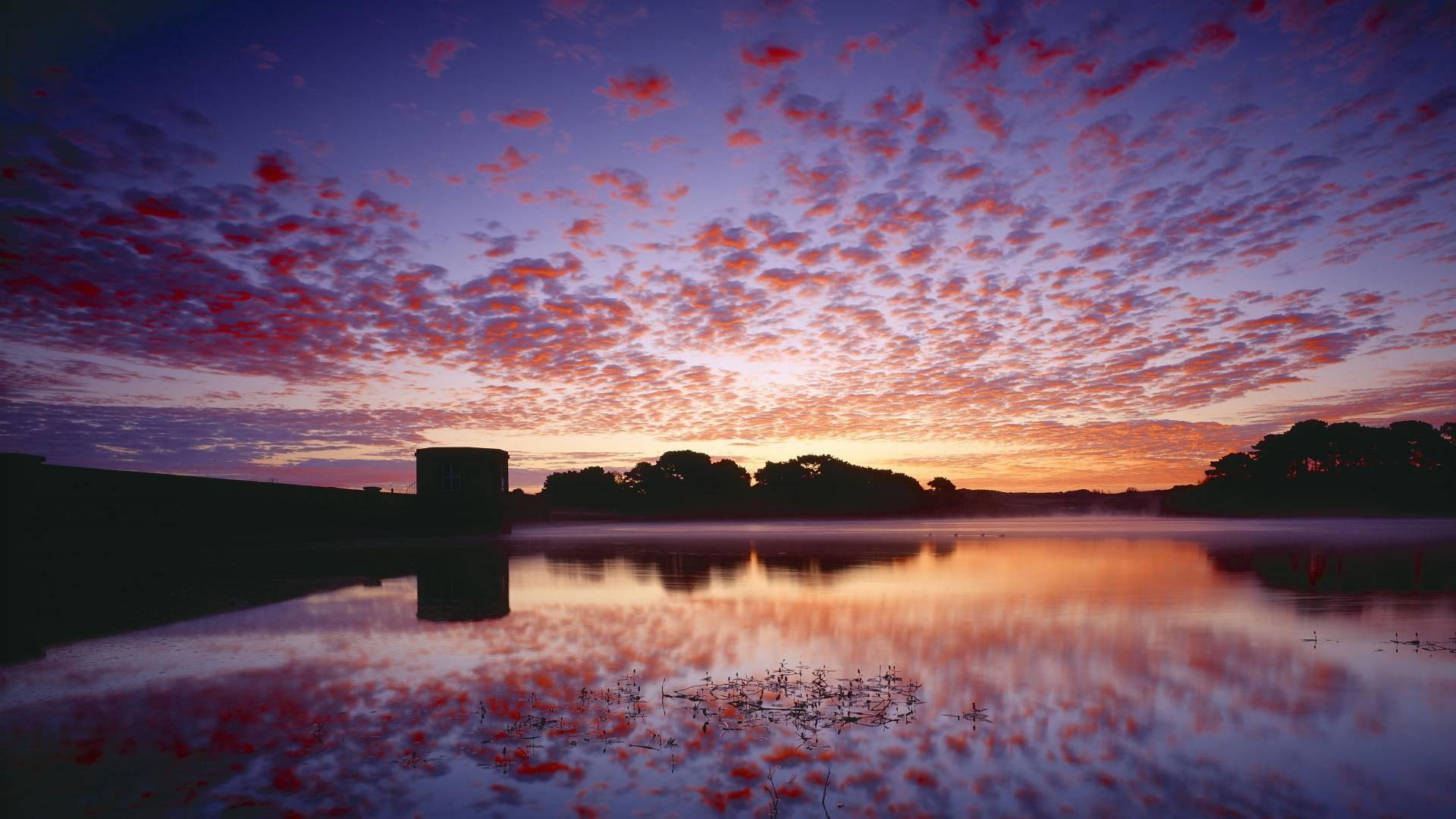 Colors Of Dawn In Guernsey Channel Isls, reflection, lake, silhouettes