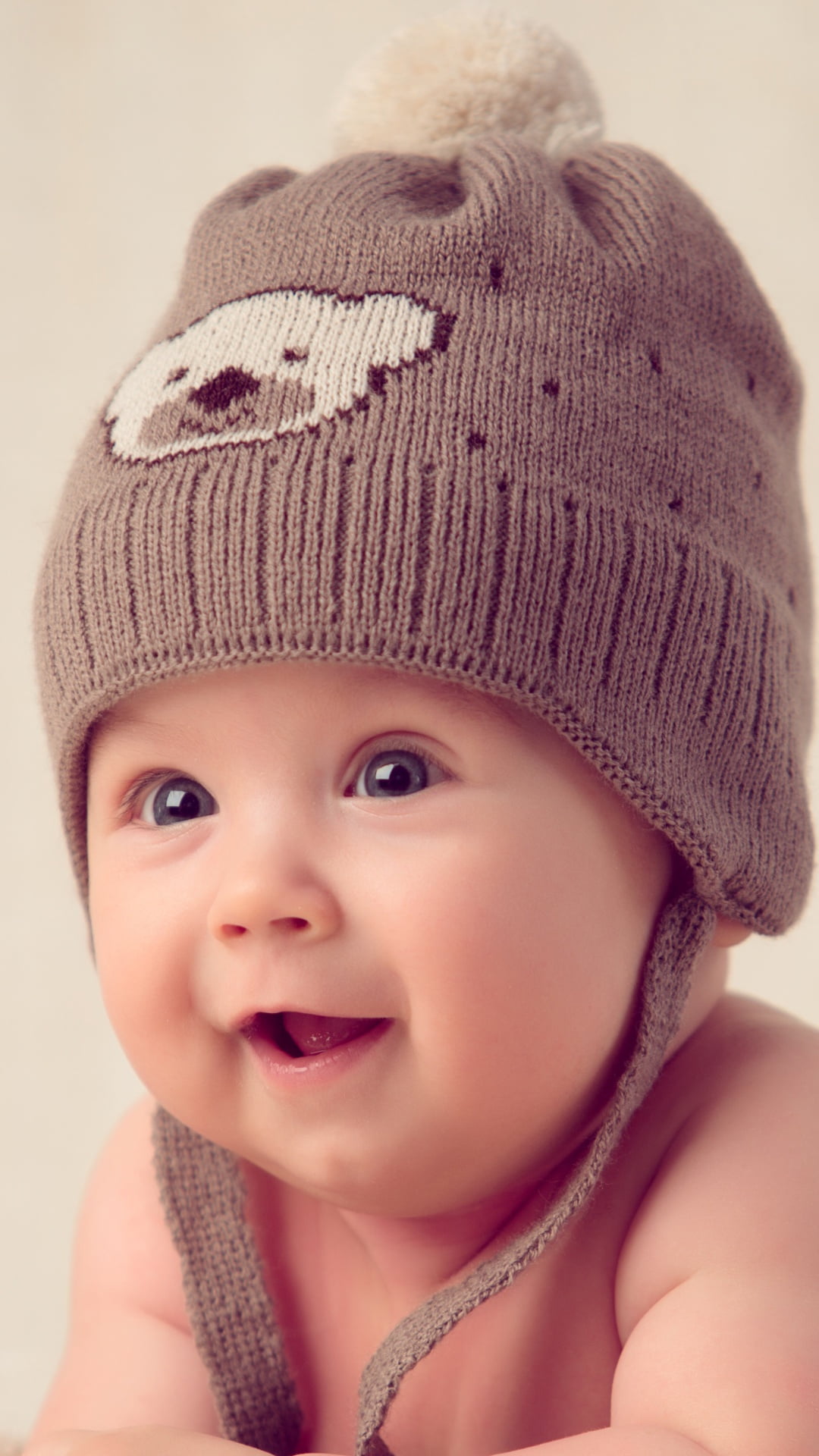 Newborn Kid Sweet Face, gray and beige knitted cap, Baby, cute