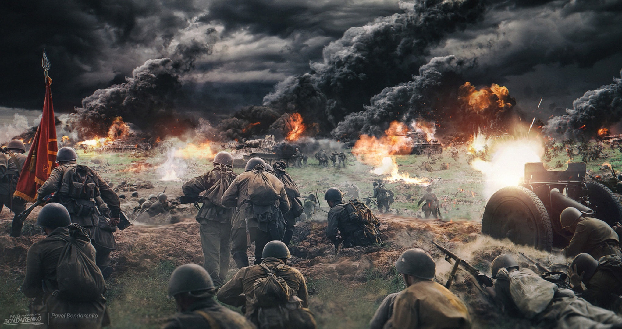 World War II, artwork, Pavel Bondarenko, explosion, group of people