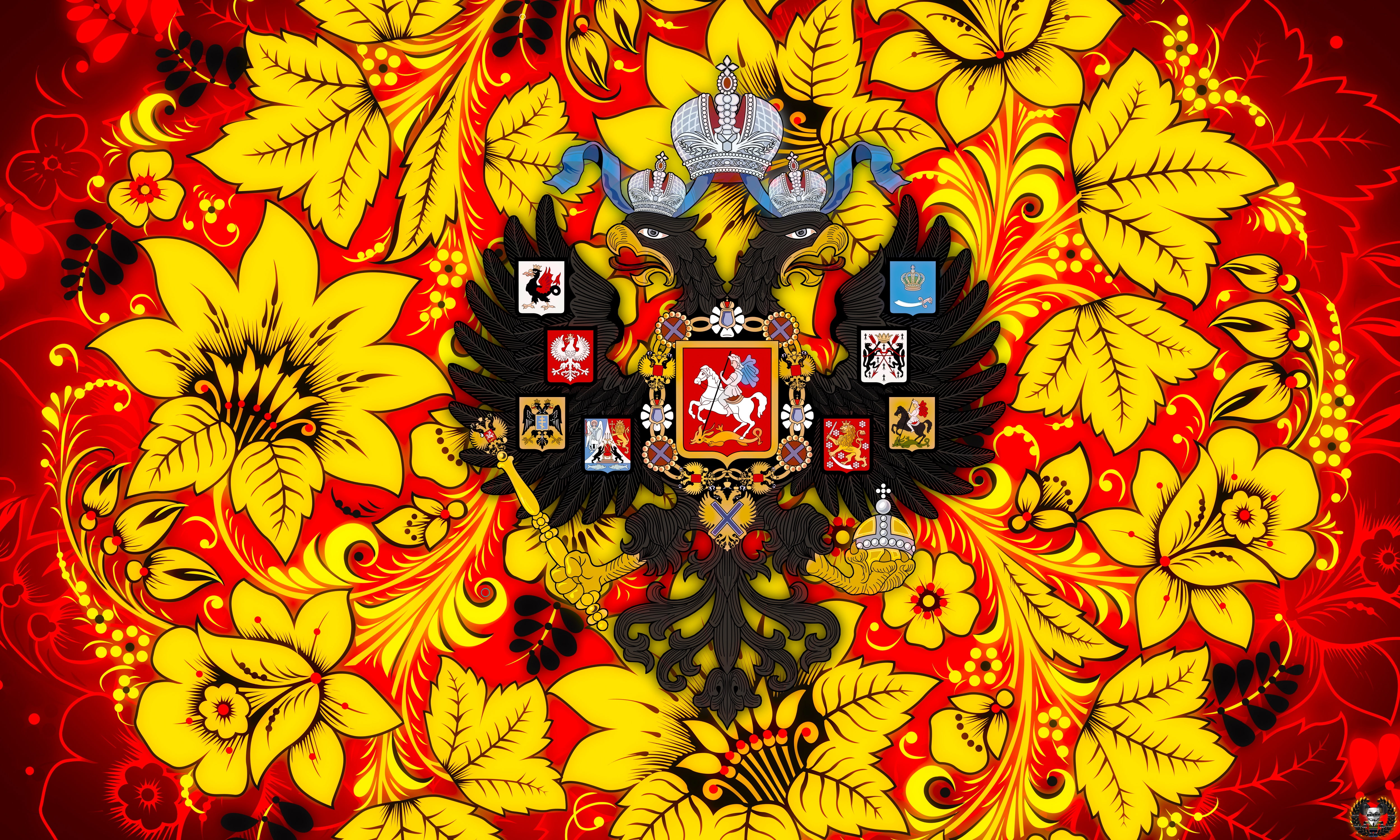 Обои гербы флаги. Хохломская роспись двуглавый орёл. Хохлома двуглавый Орел Российская Империя.