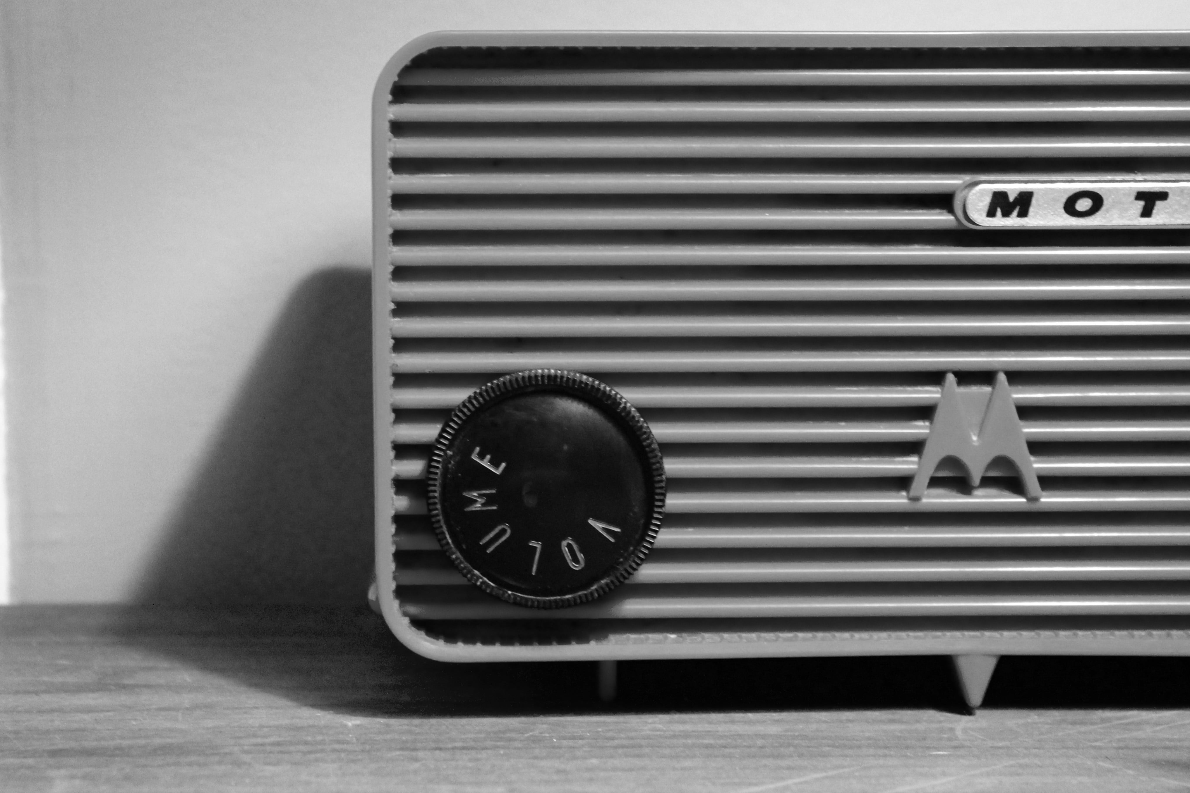 gray Motorola radio, monochrome, retro styled, metal, no people