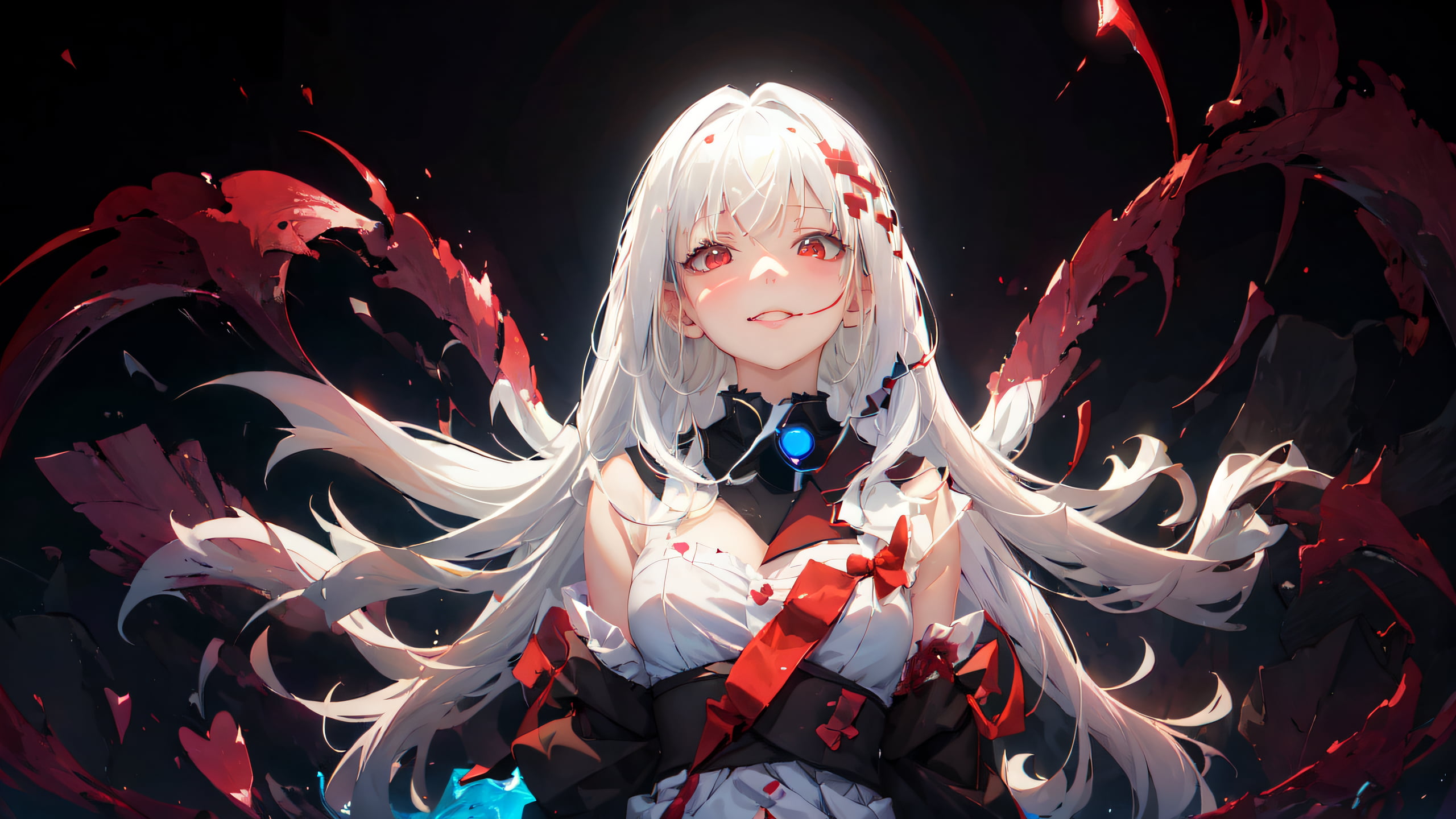 AI art, anime girls, white hair, red eyes