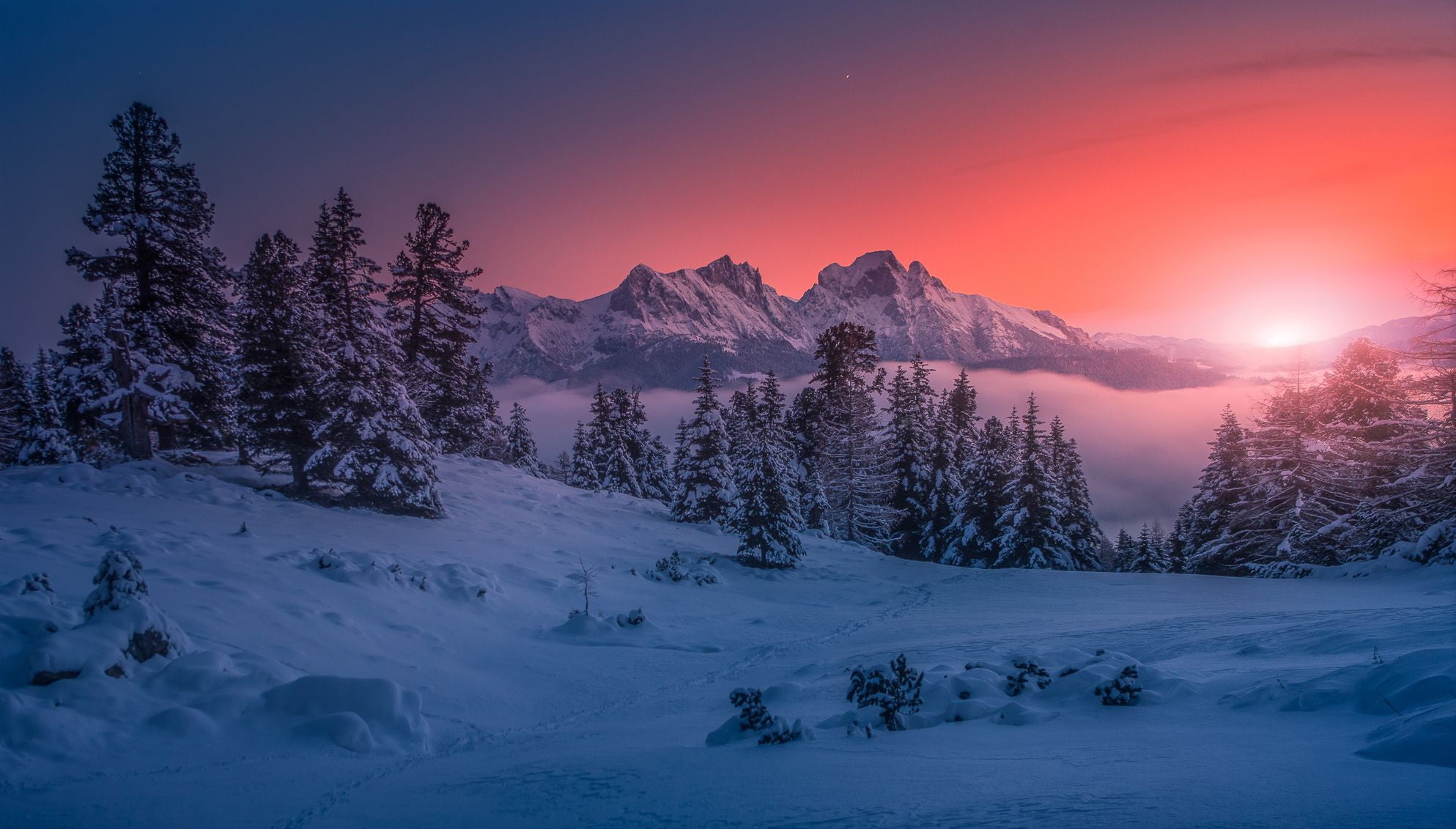 winter, snow, trees, sunset, mountains, Austria, ate, Alps