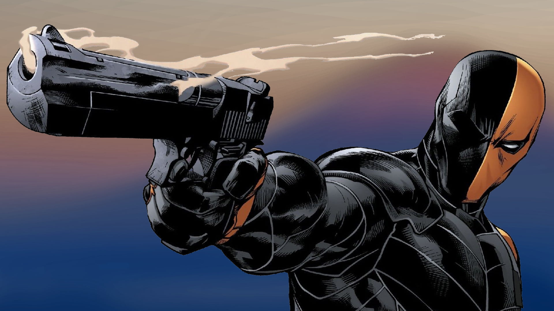 Deathstroke, slade wilson, DC Comics, gun, gradient, blue background