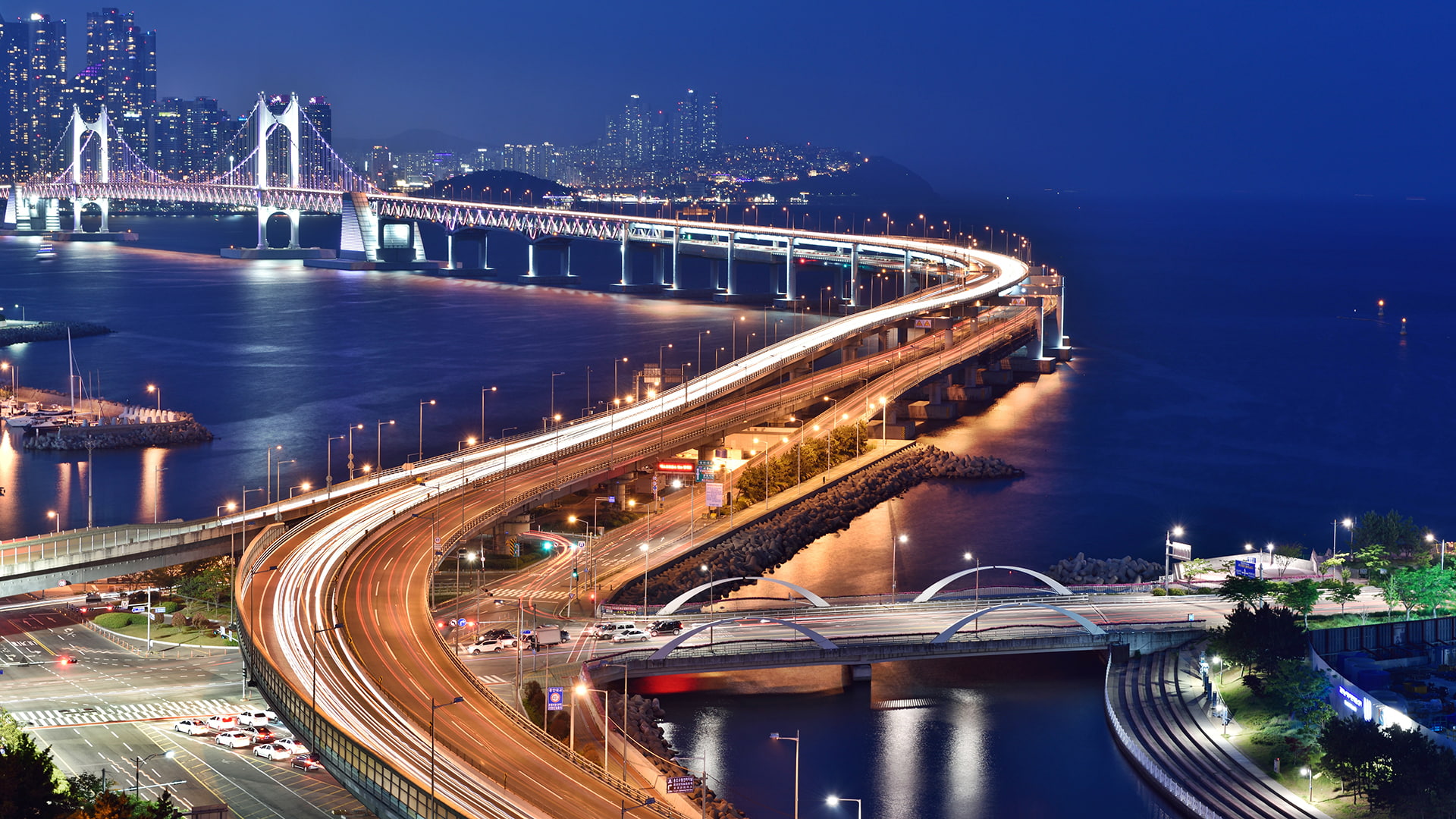 photography, light trails, bridge, South Korea, Busan, Kwangan Bridge