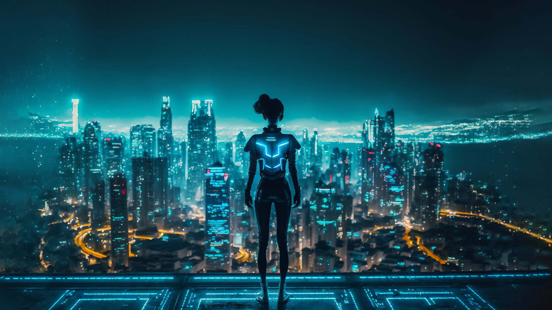 Free Download Hd Wallpaper Ai Art Illustration Cyberpunk Women Rooftop City Night 6419