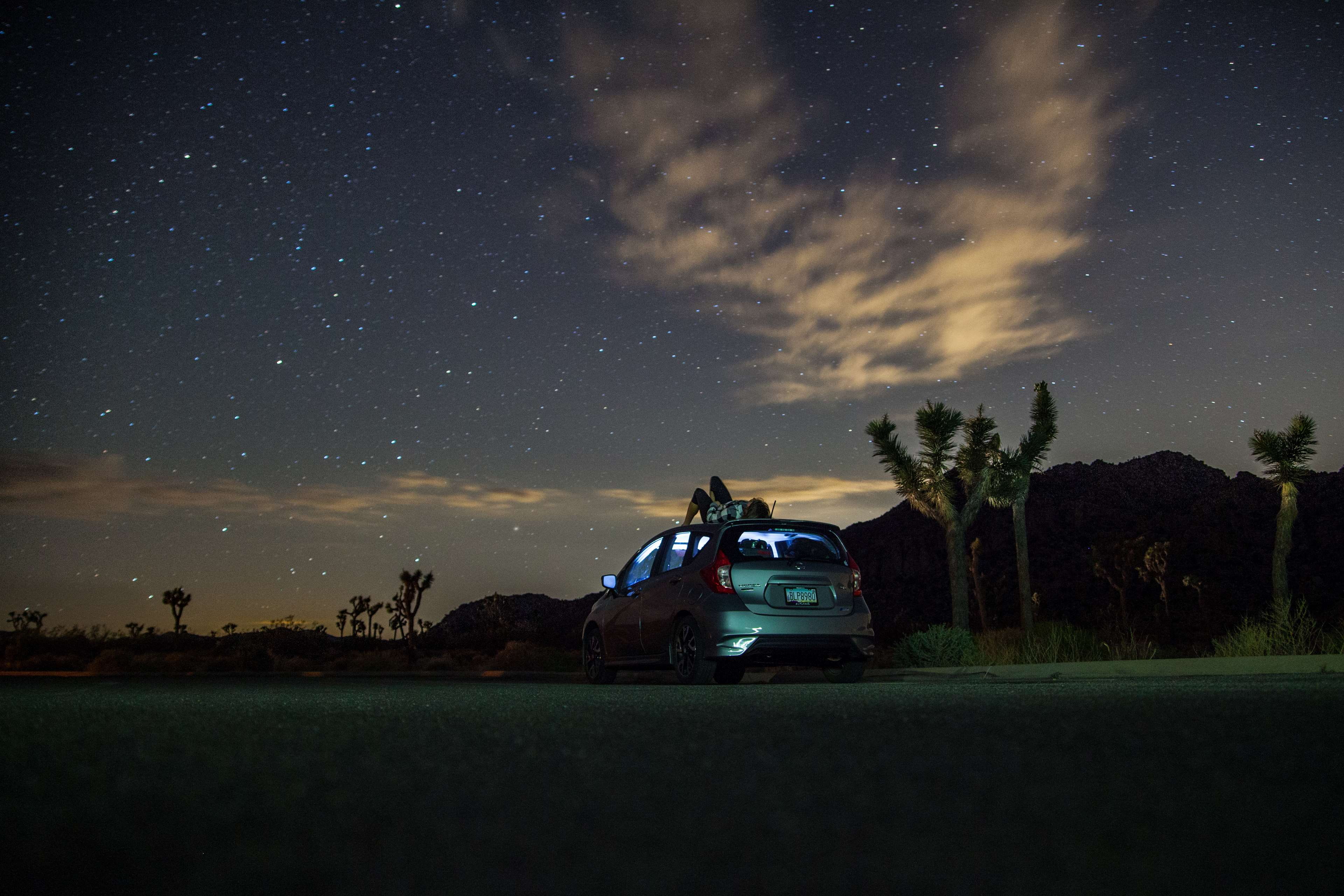 car, dark, night, person, sky, star gazing, starry night, stars