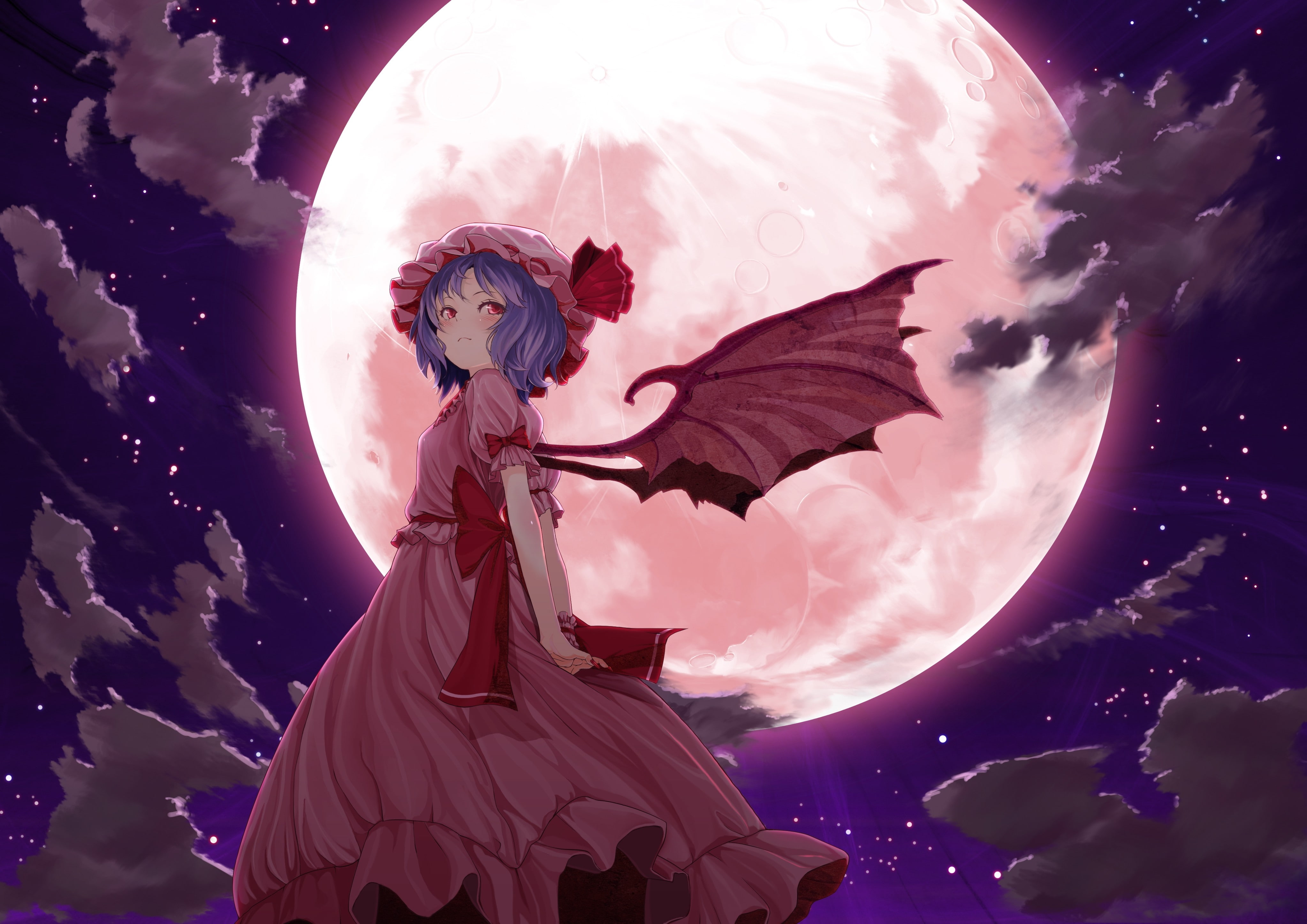 video games clouds touhou wings dress night stars moon purple hair short hair bows red dress skyscap Space Moons HD Art