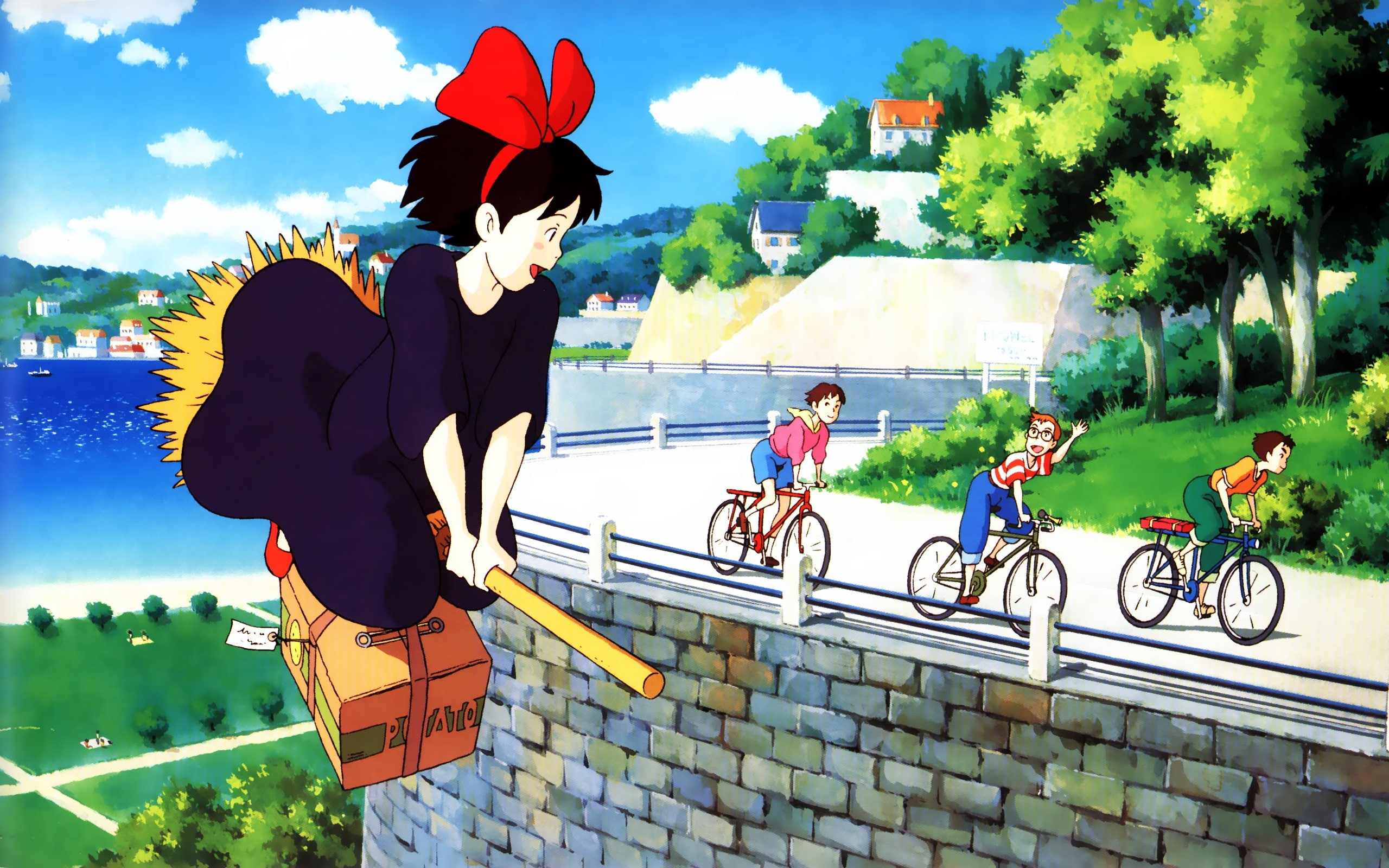 water trees bicycles grass houses fields studio ghibli witches hair bow kikis delivery service broom Architecture Houses HD Art