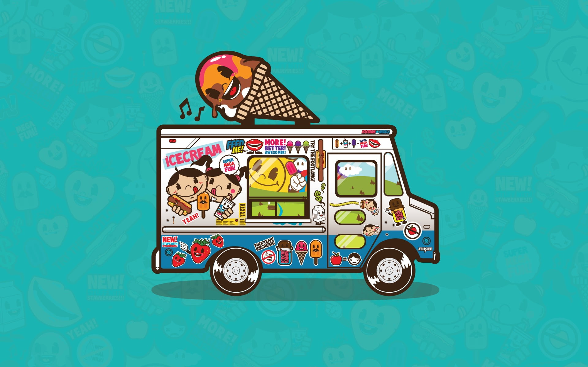 multicolored ice cream truck illustration, trucks, artwork, Jared Nickerson