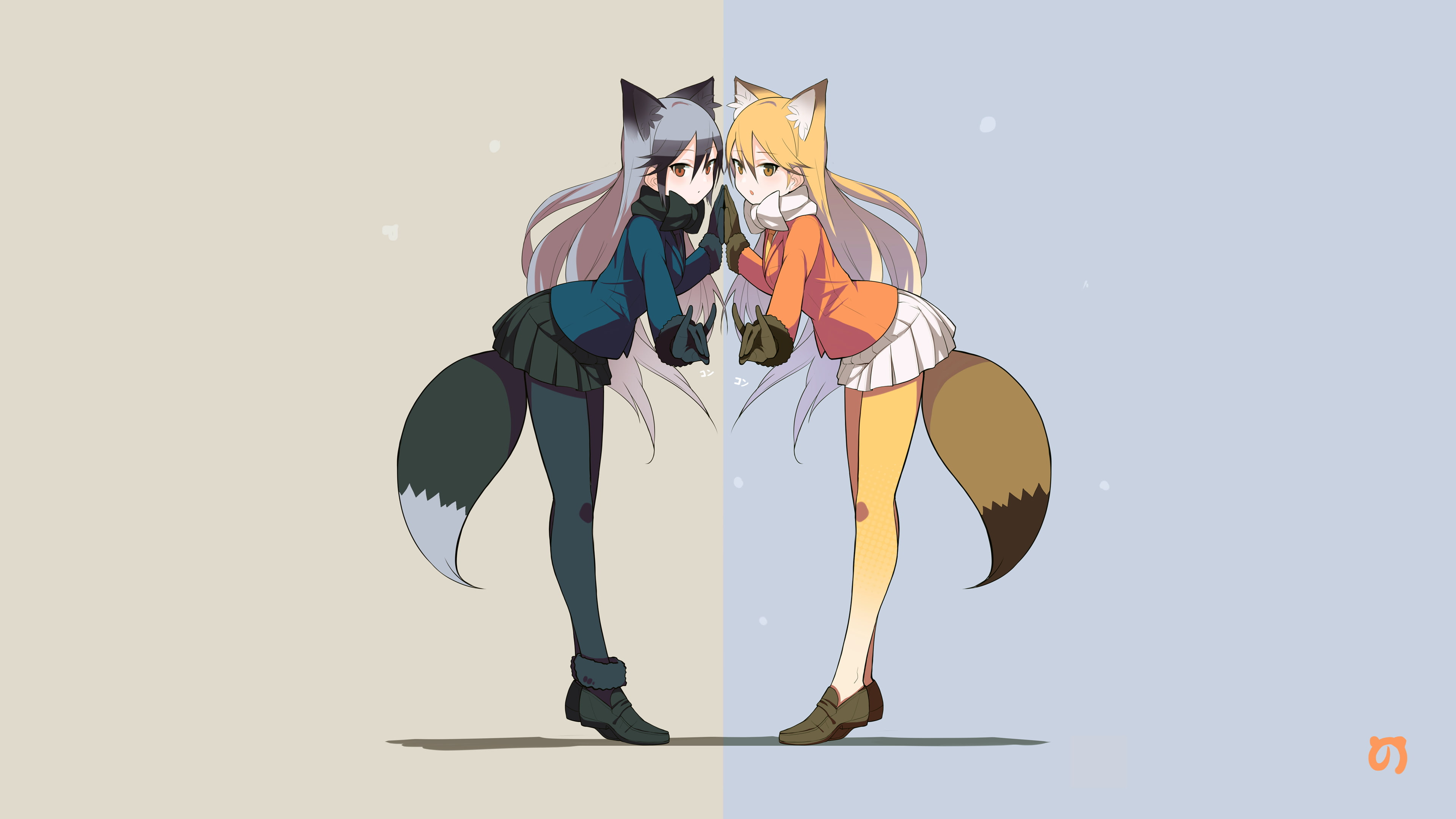 Silver fox (Kemono friends), anime, tiptoe, animal ears, anime girls