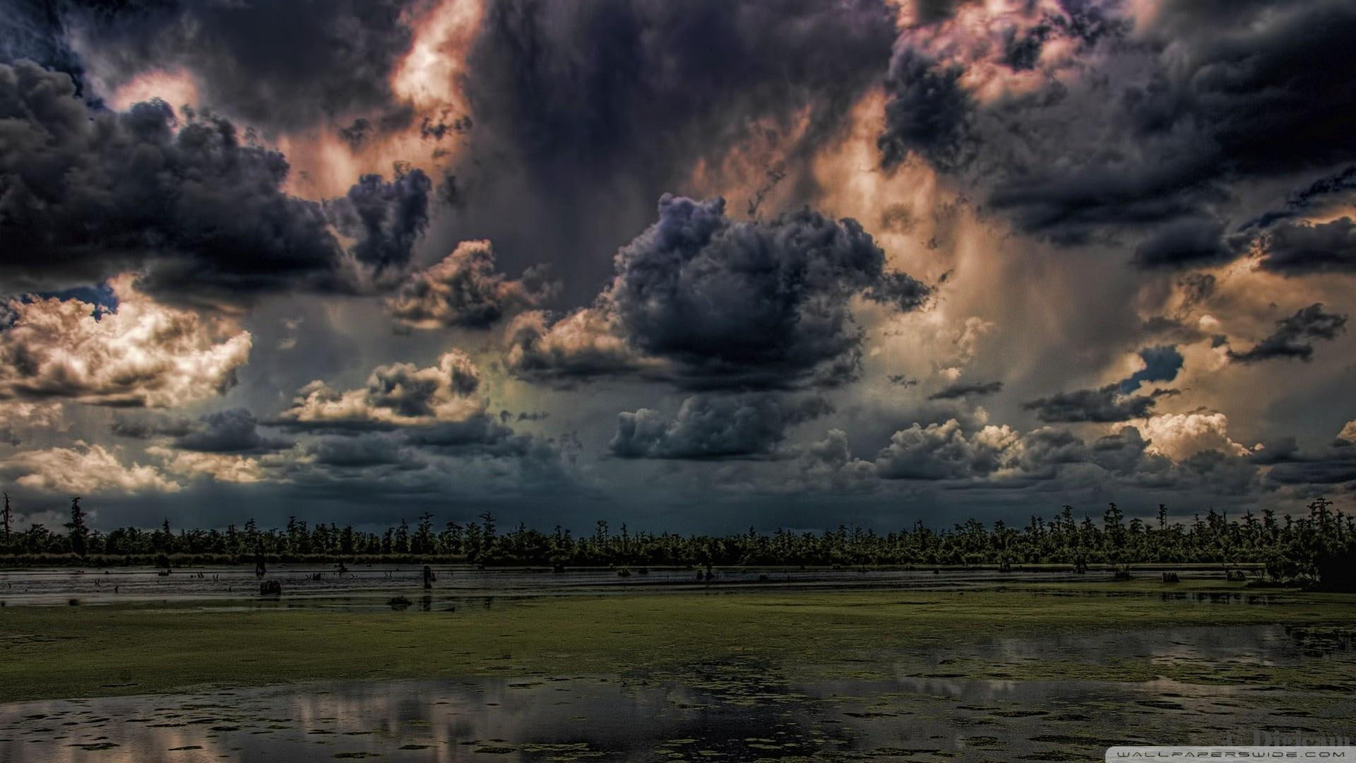 Mean Skies Hdr, trees, swamp, dark clouds, 3d and abstract