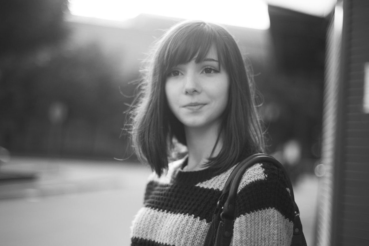 smiling, Katya Lischina, looking away, sweater, monochrome
