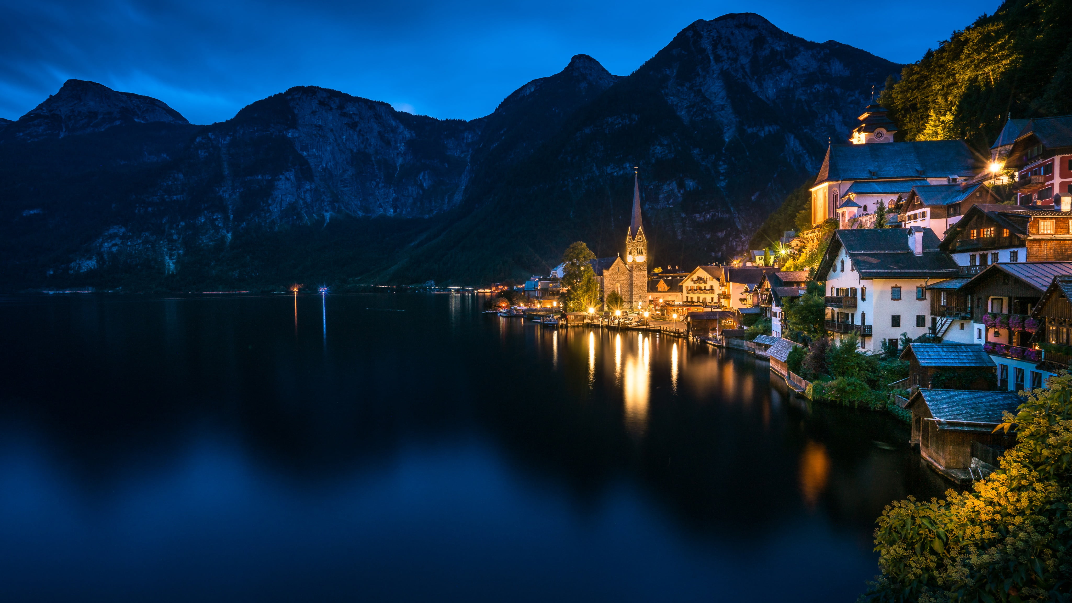 mountains, night, lake, building, home, Austria, Alps, town