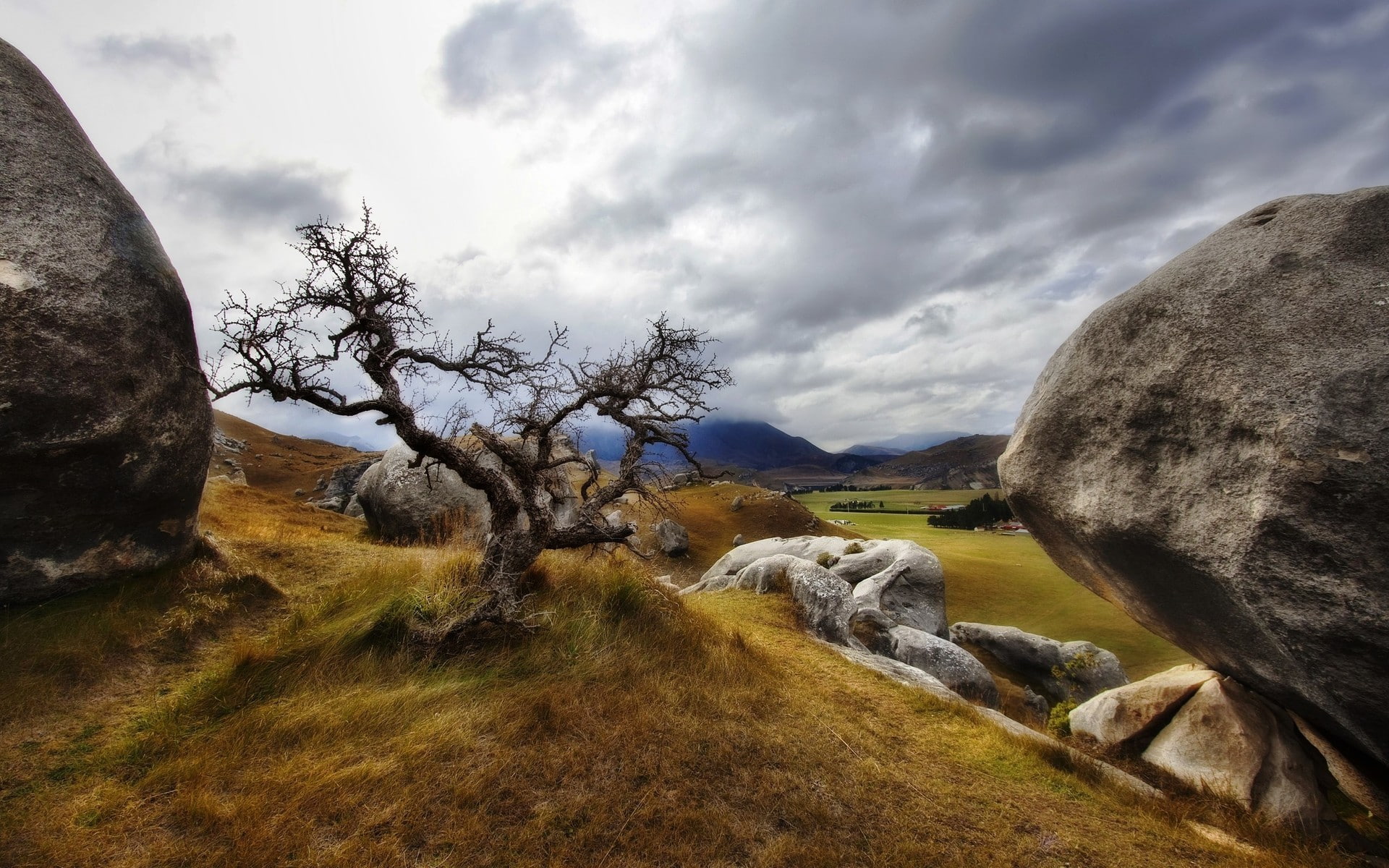 clouds, cloudy, fields, grass, landscapes, nature, rocks, scenic