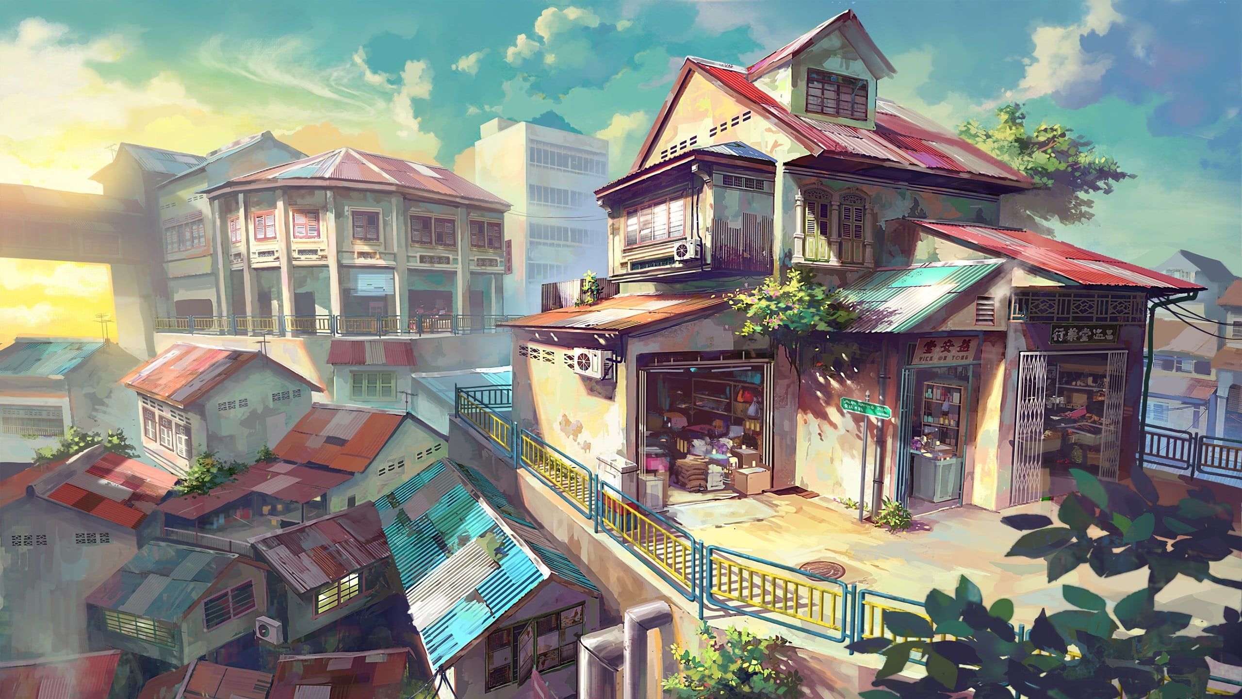 houses painting, city, anime, Malaysia, cityscape, architecture