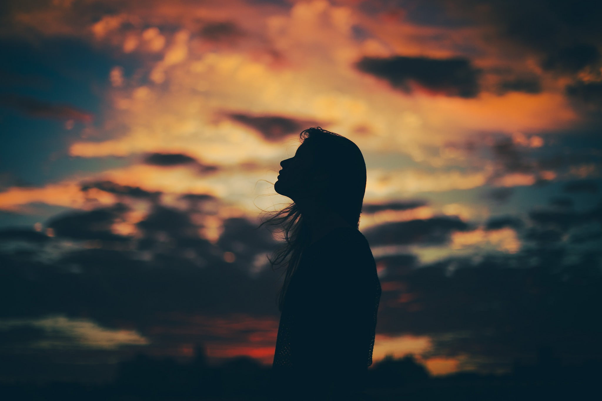 women, windy, silhouette, clouds, nature, sunset, side view