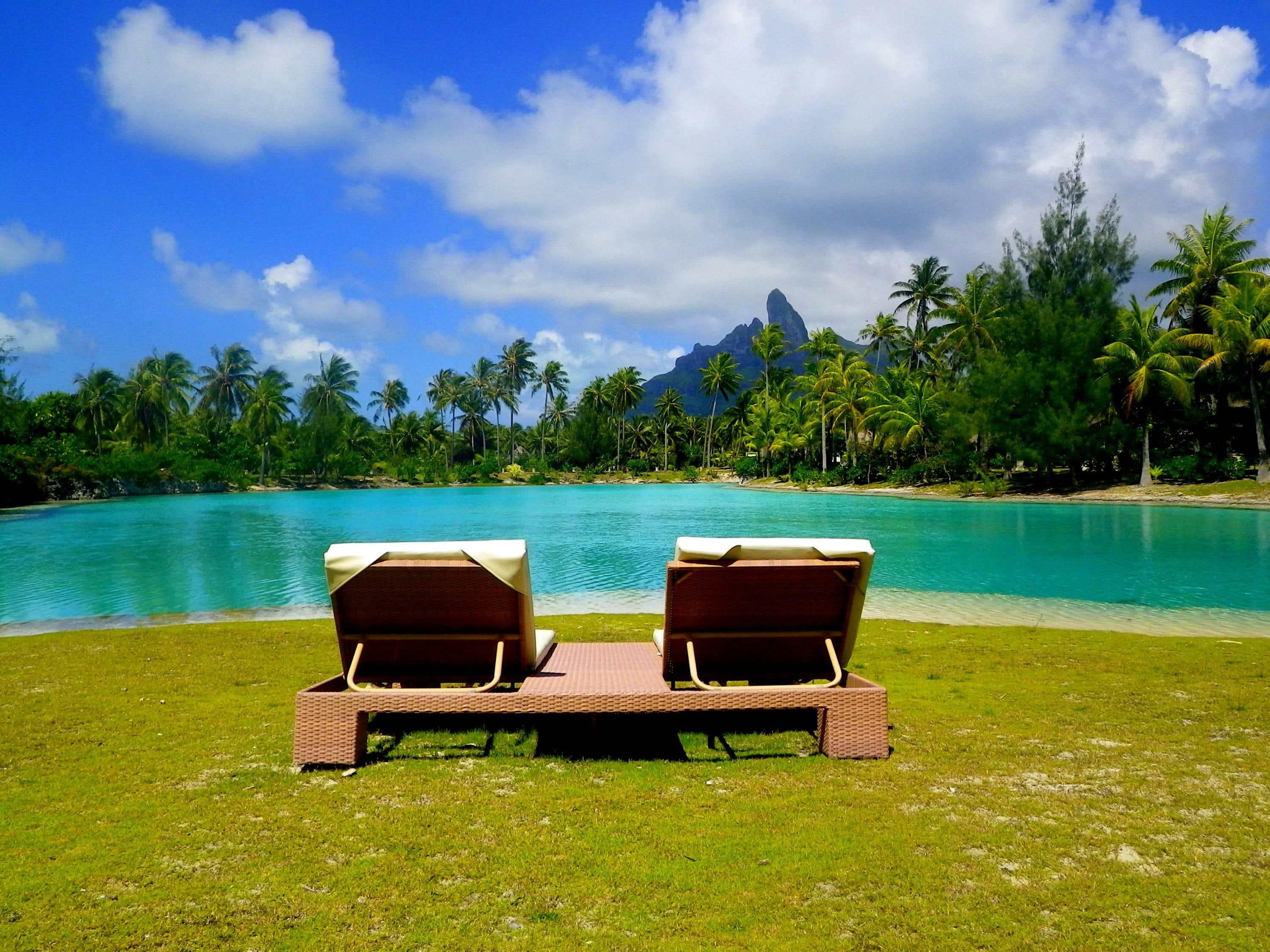 Bora Bora Paradise Island, palm-trees, islands, tropical, loungers