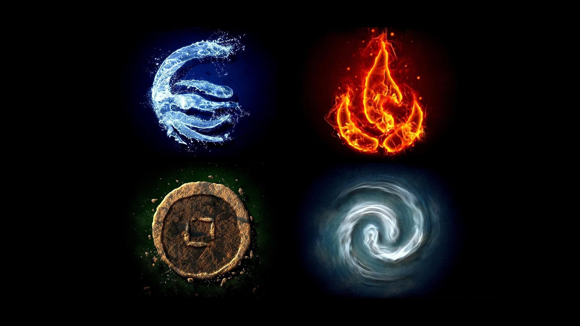 four elements, water, fire, air, Earth, simple background, black background