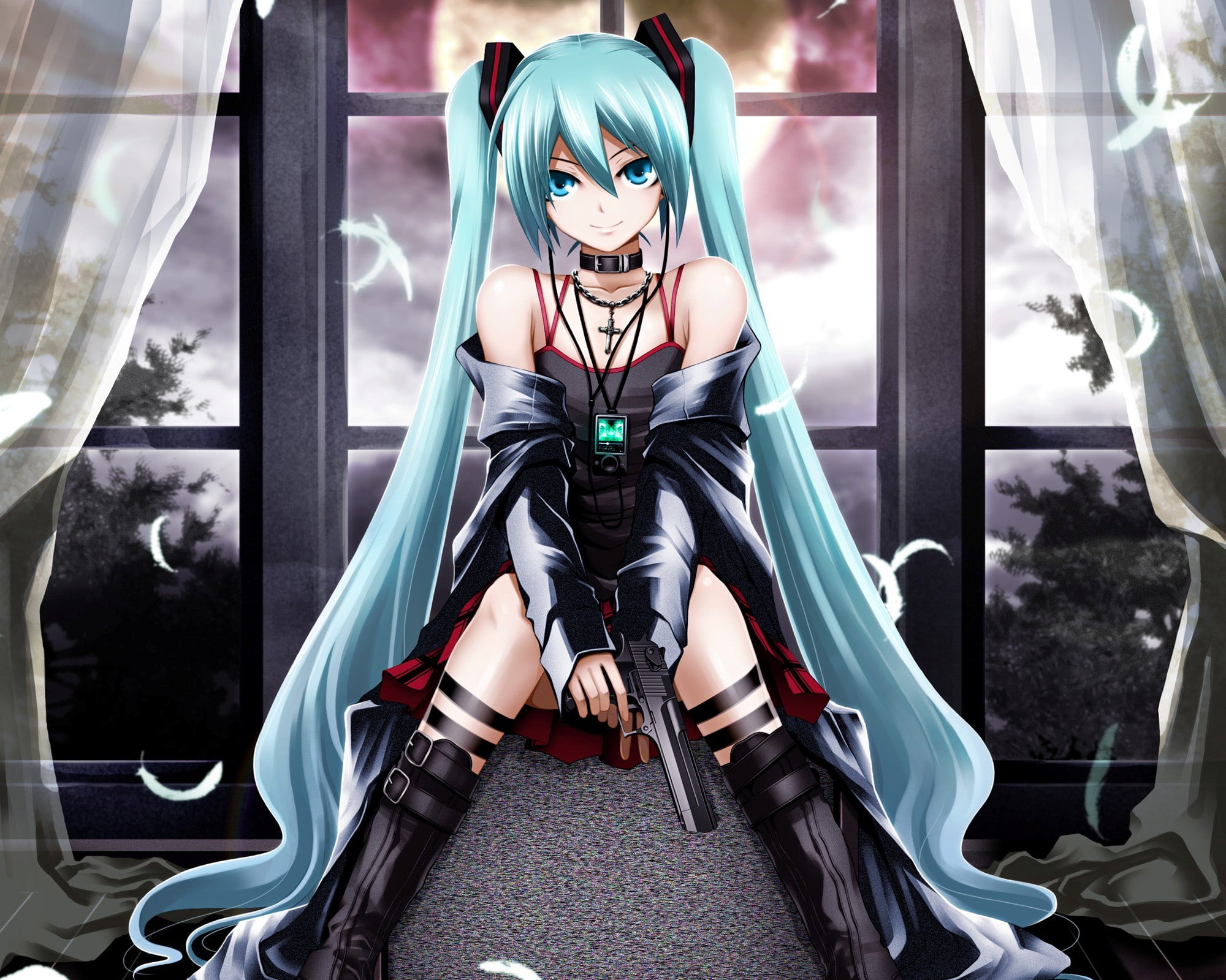 boots cross trees guns vocaloid hatsune miku moon long hair weapons feathers twintails sitting colla Space Moons HD Art