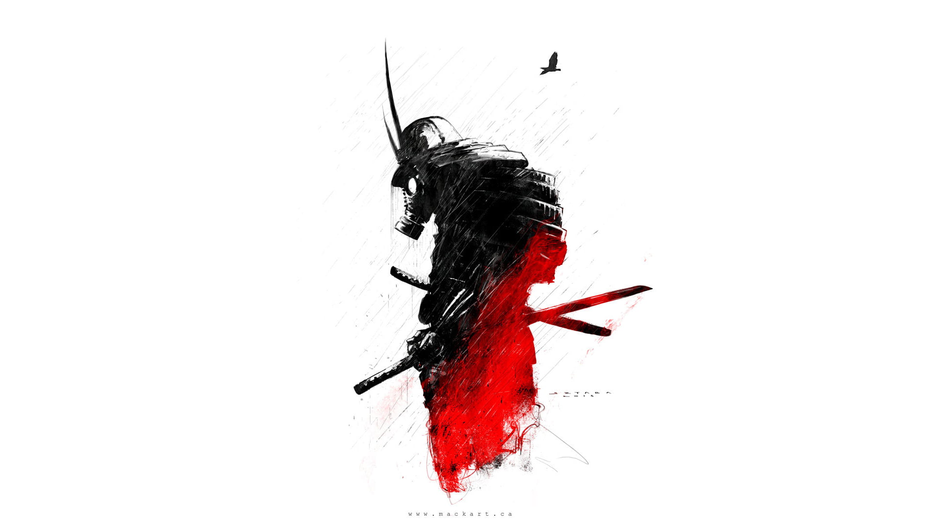 male character with two swords wearing gas mask illustration, Samurai digital wallpaper