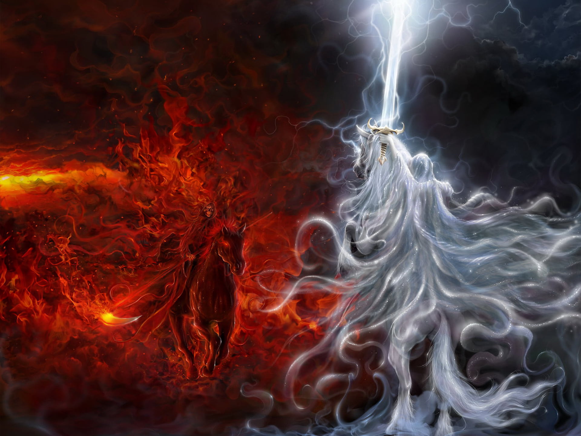 fire and lightning wallpaper, Fantasy, Battle, Artistic, Fight