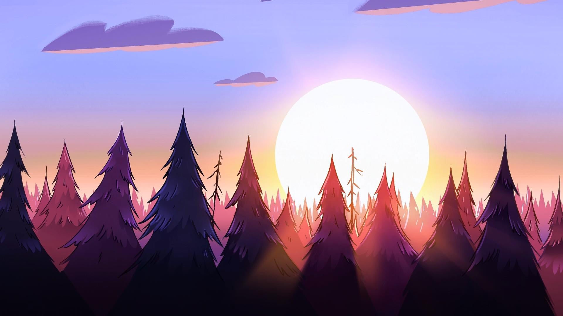 pine trees digital wallpaper, Gravity Falls, sun, sky, sunset