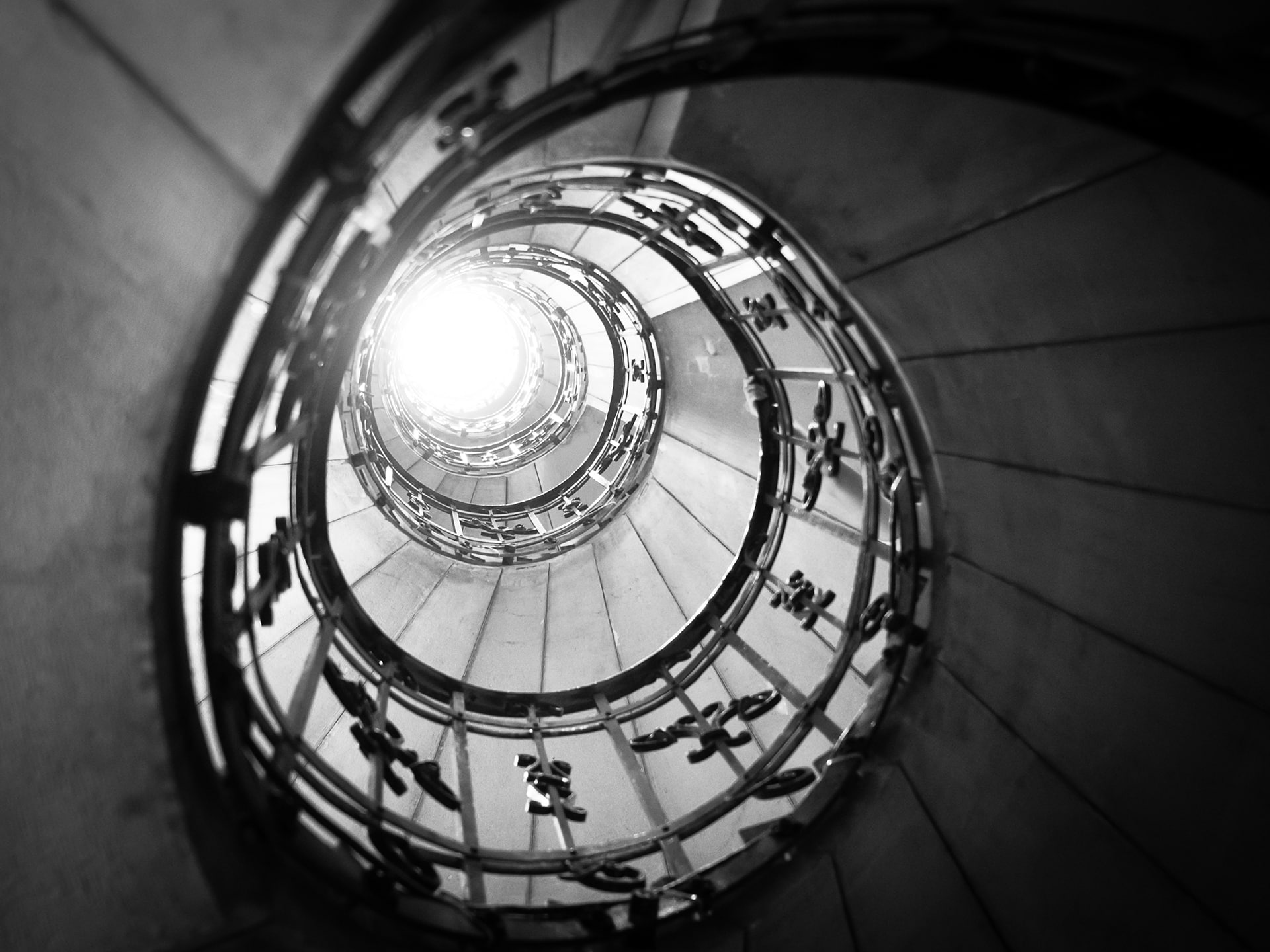 Spiral Stairs Staircase Light BW HD, architecture