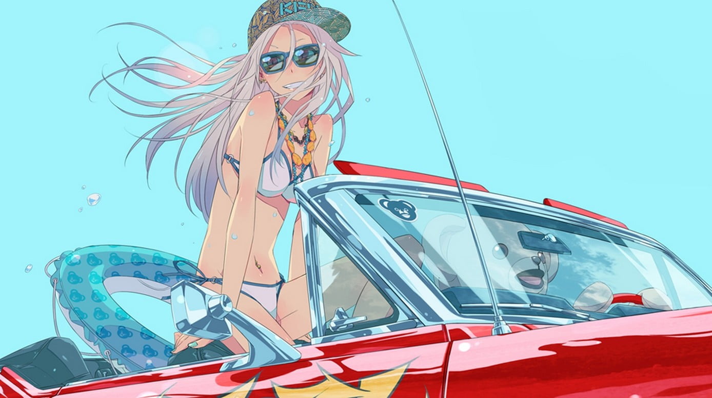 woman anime character riding convertible coupe digital wallpaper