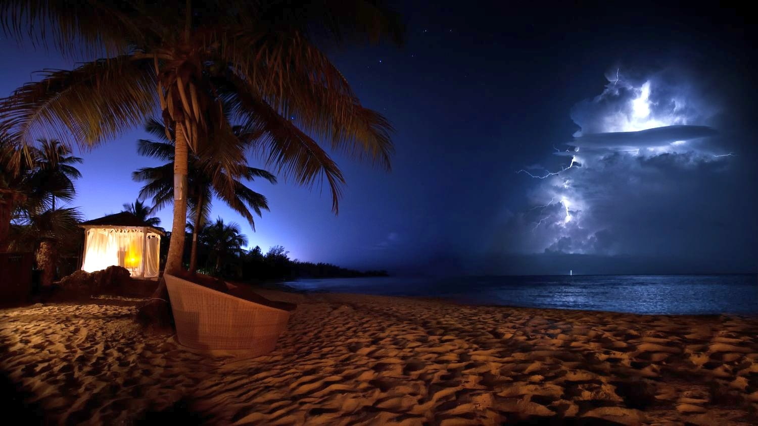 beach, cocktails, landscape, Lightning, nature, night, Palm Trees