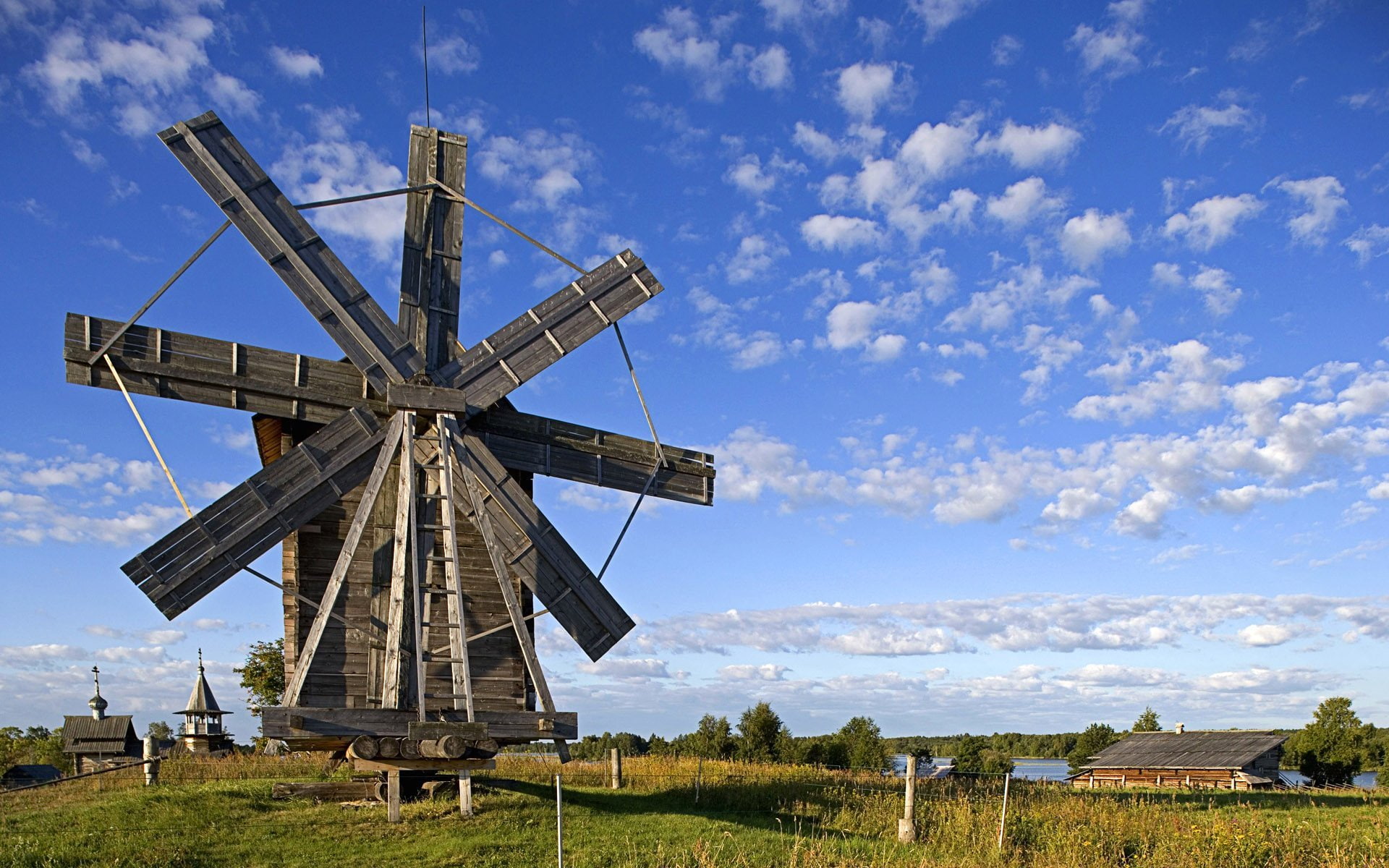 gray windmill, Karelia, lake Onega, rural Scene, nature, sky