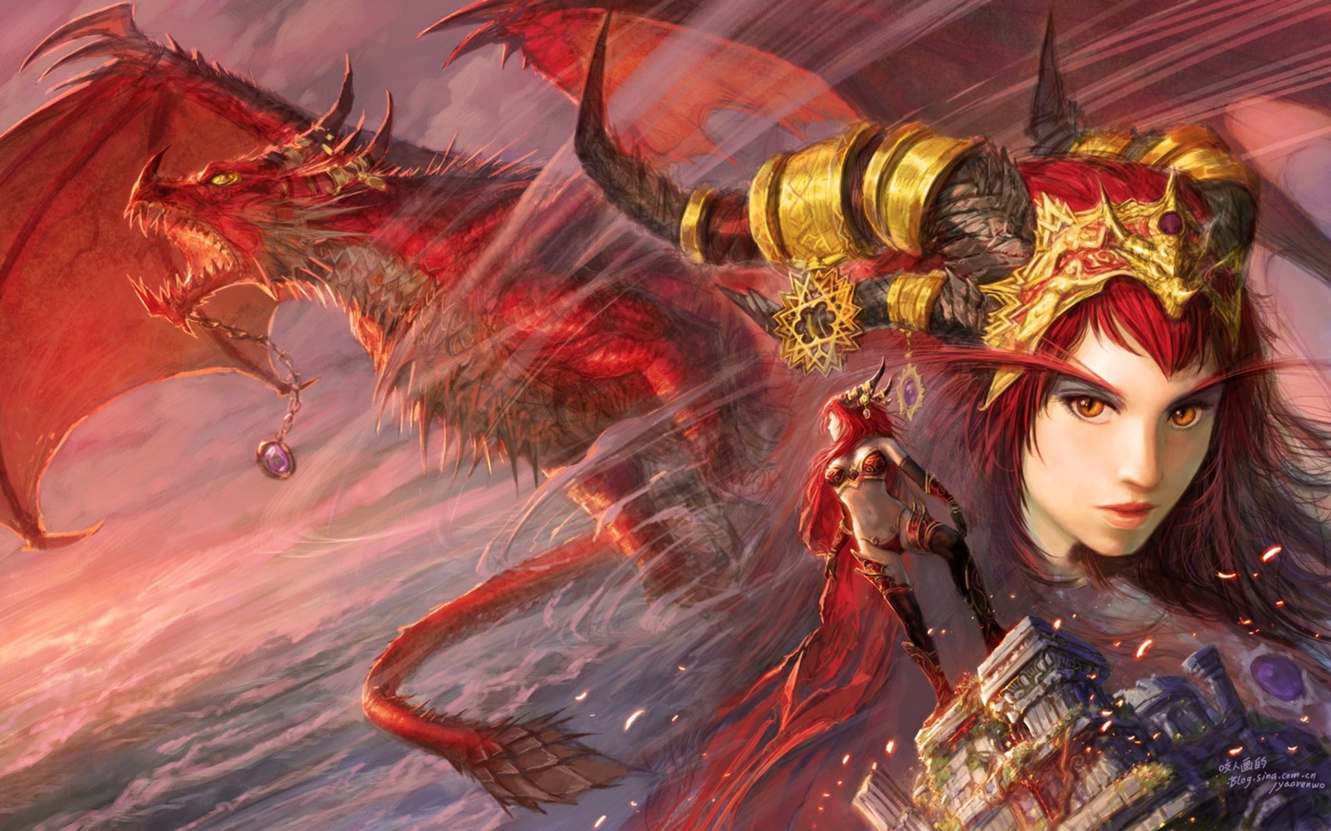 women wings dragons world of warcraft redheads horns fantasy art artwork alexstrasza yaorenwo 192 Abstract Fantasy HD Art