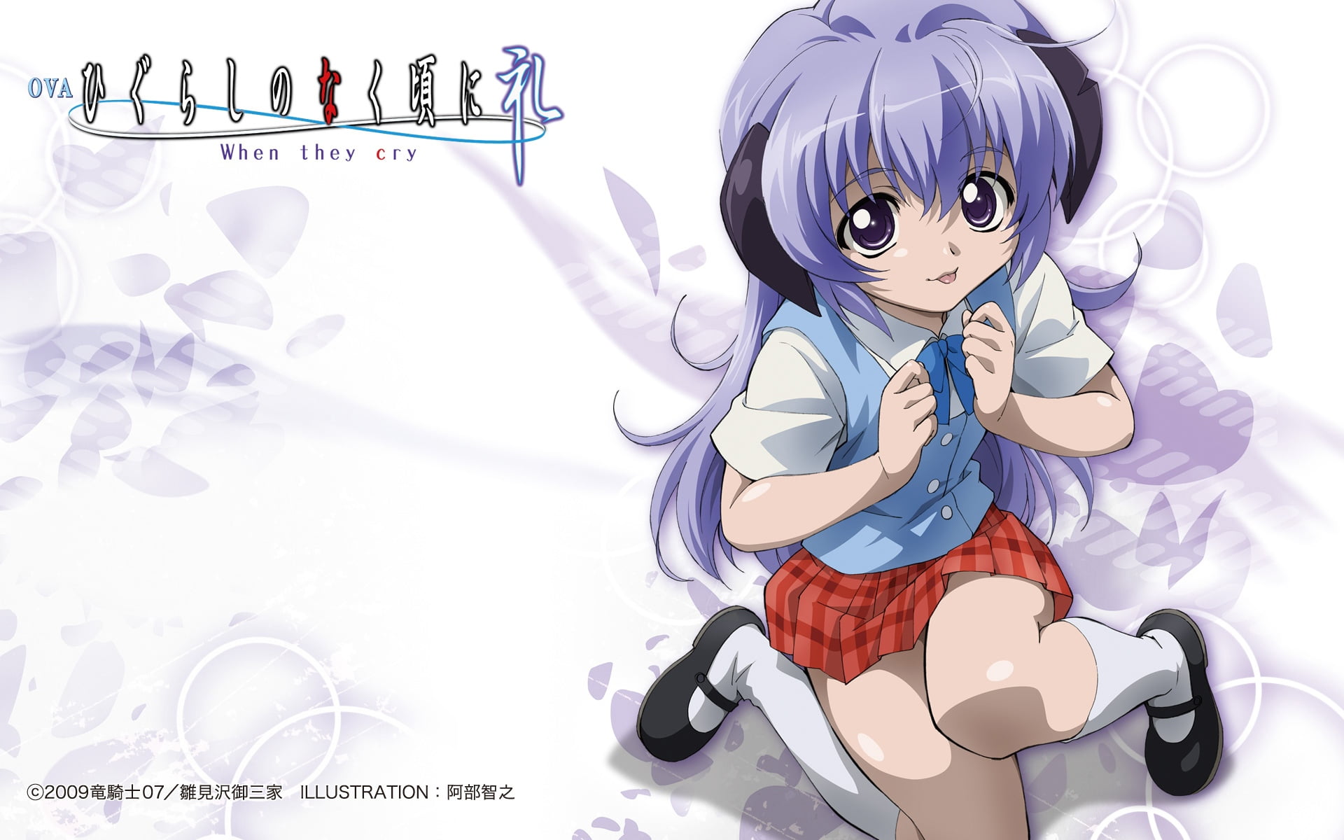 purple-haired female anime character illustration with text overlay