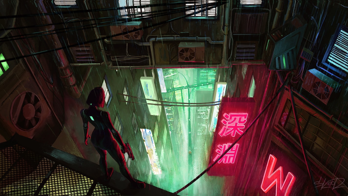 artwork, back, Cityscape, cyberpunk, Futuristic, gun, neon
