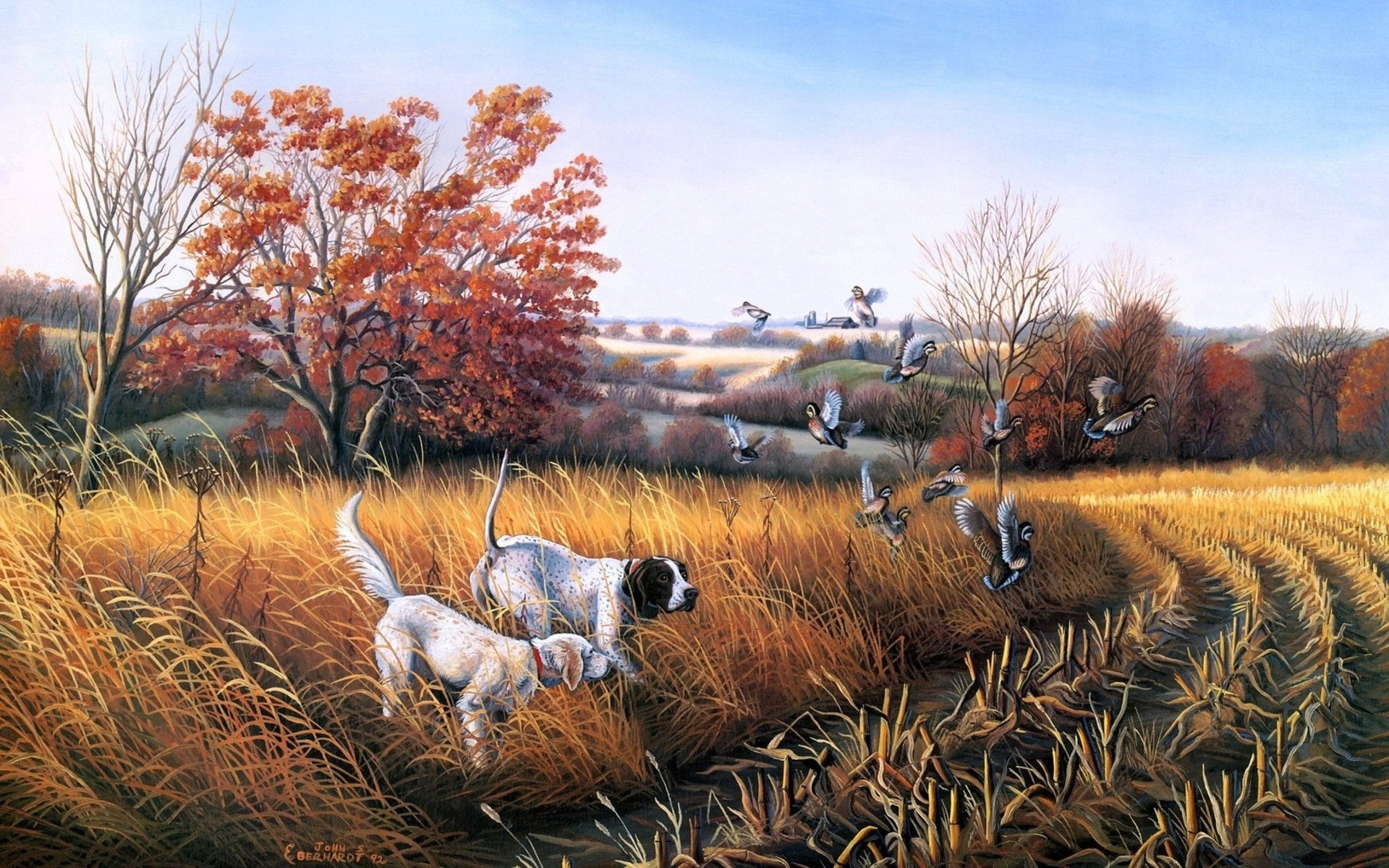 birds, dog, Fall, John S. Eberhardt, landscape, painting