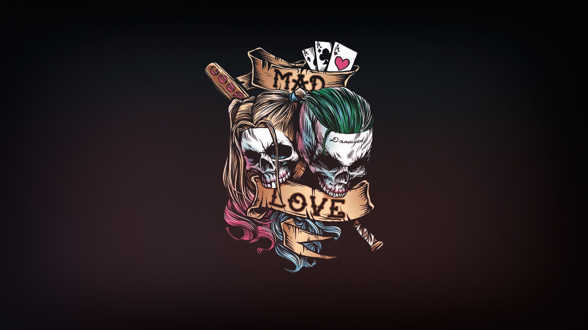 love, artwork, simple background, skull, bones, Joker, Harley Quinn