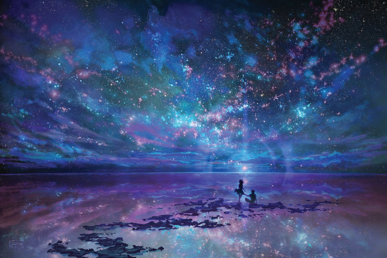 Milky Way galaxy wallpaper, nebula, stars, anime, sky, reflection