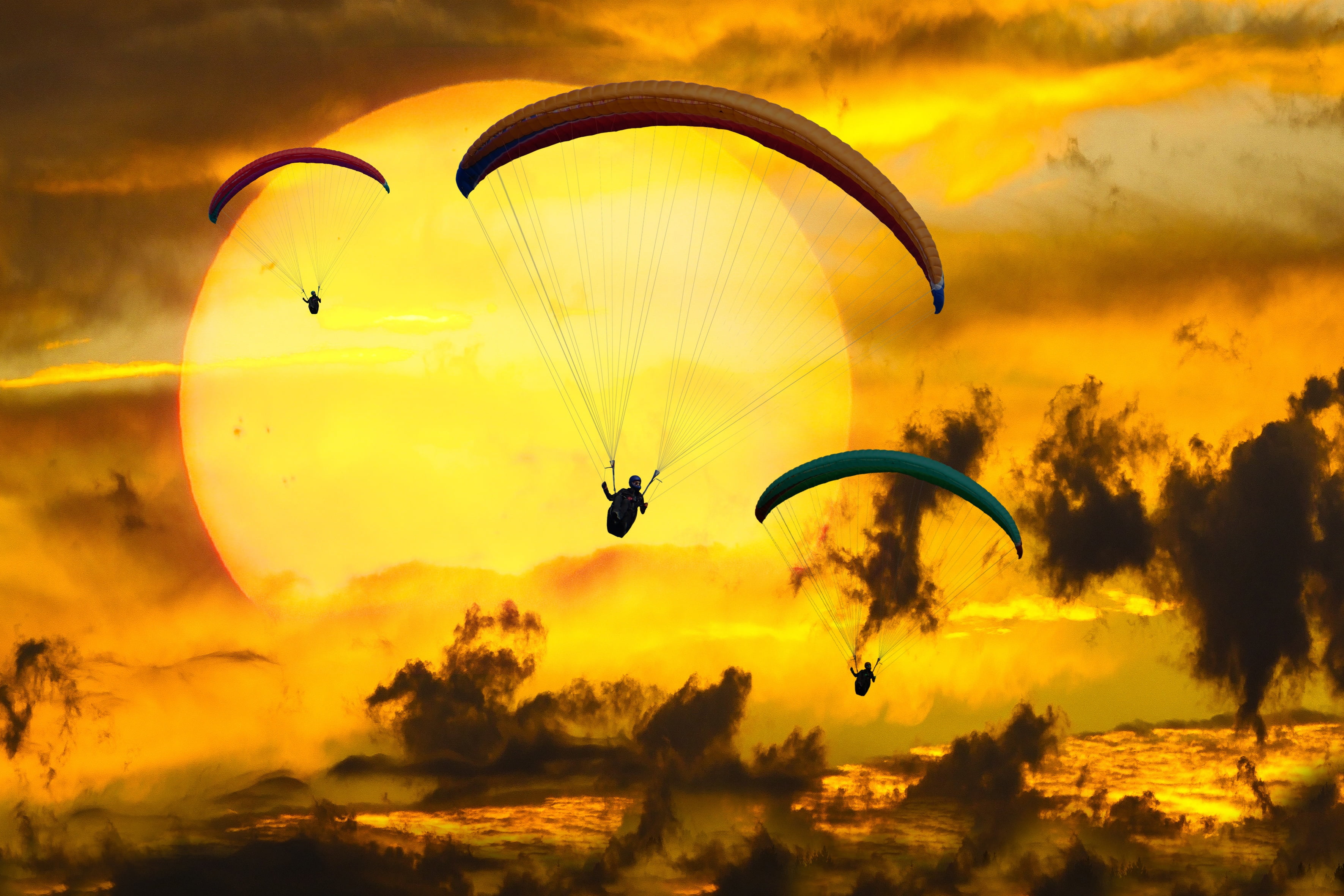 paraglider, paragliding, clouds, sky, sun, parachute, sunset