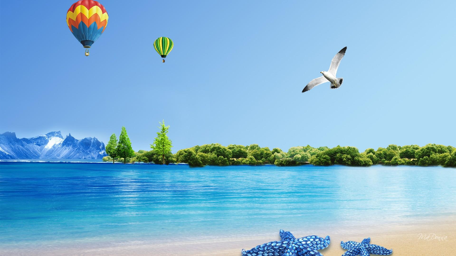 Balloon Fun Summer, mountain, trees, spring, beach, birds, ocean
