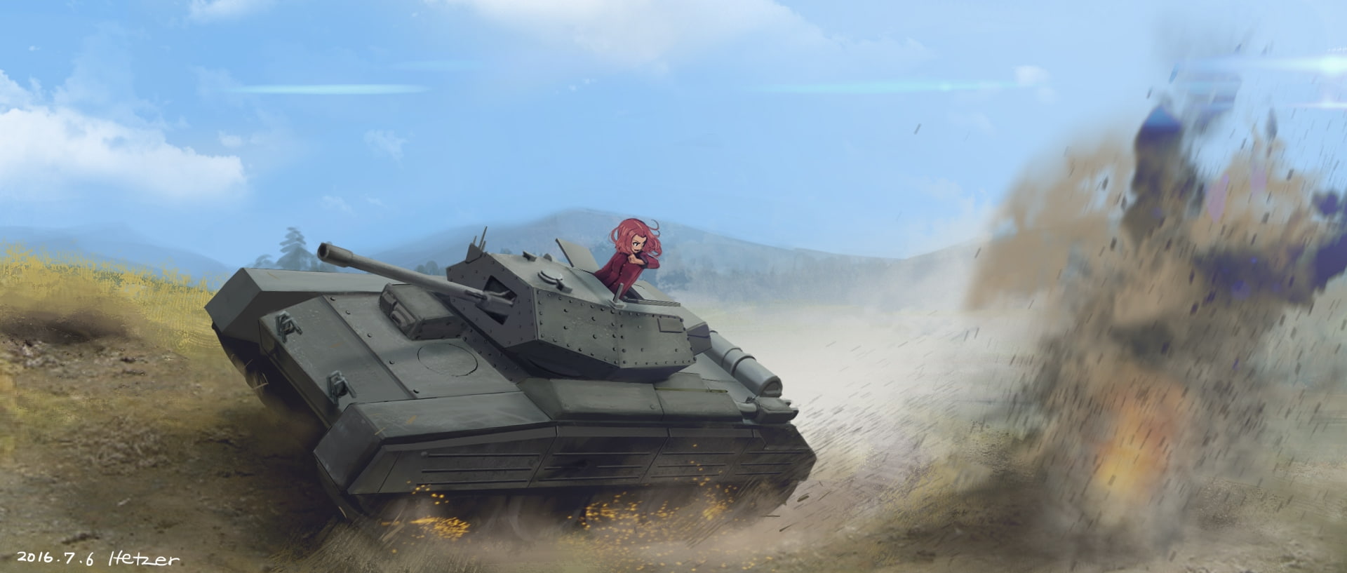 girls und panzer, rosehip, tank, battlefield, explosion, Anime