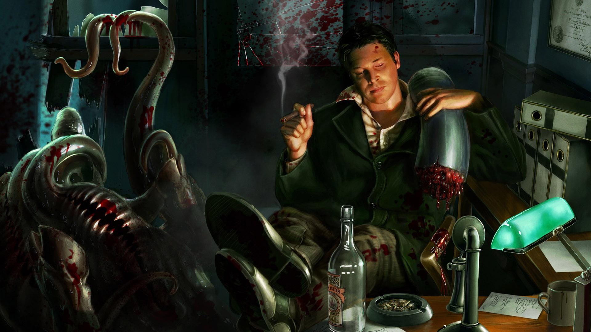 monster, blood, art, office, cigar, man sitting and smoking game character
