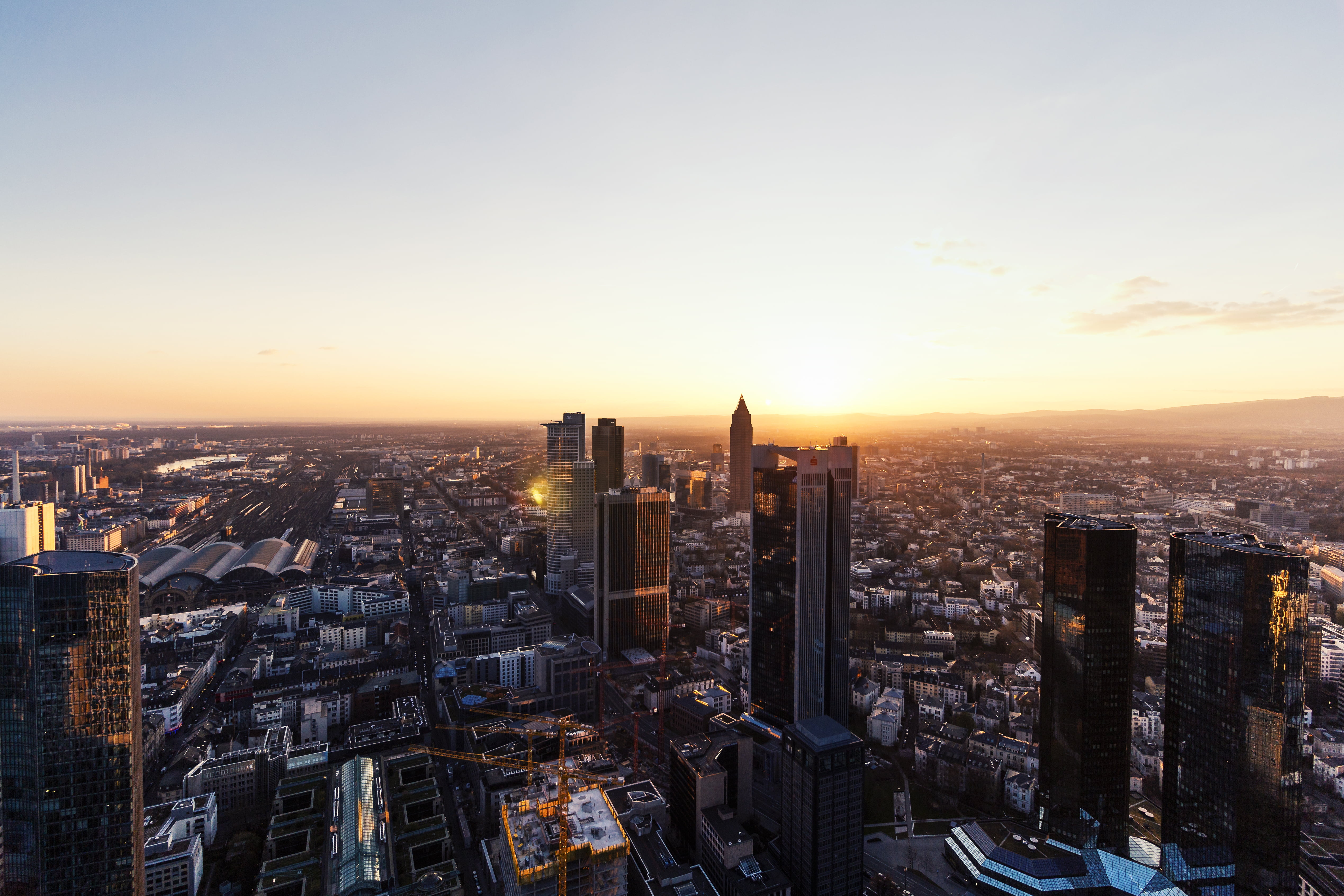 city buildings during sunset in aerial photography, frankfurt, frankfurt