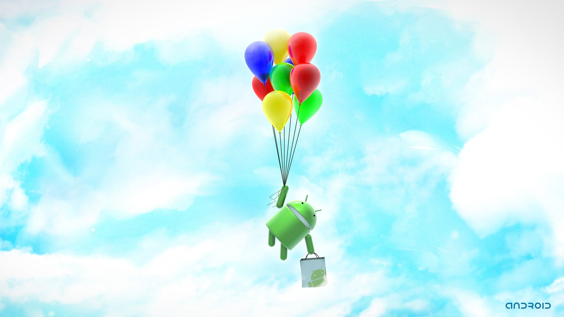 Android, System, Robot, Clouds, Sky, Balloons, multi colored