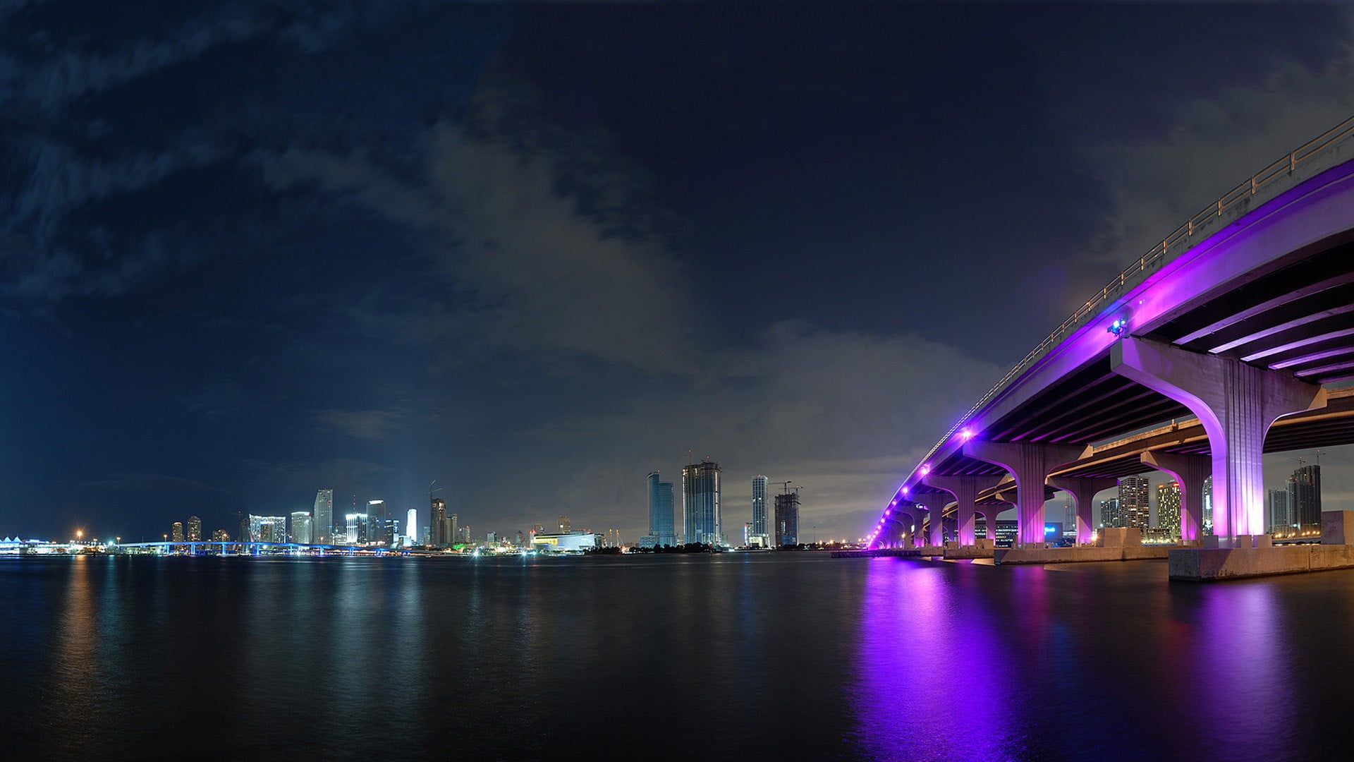 gray concrete bridge, cityscape, urban, lights, skyline, Miami