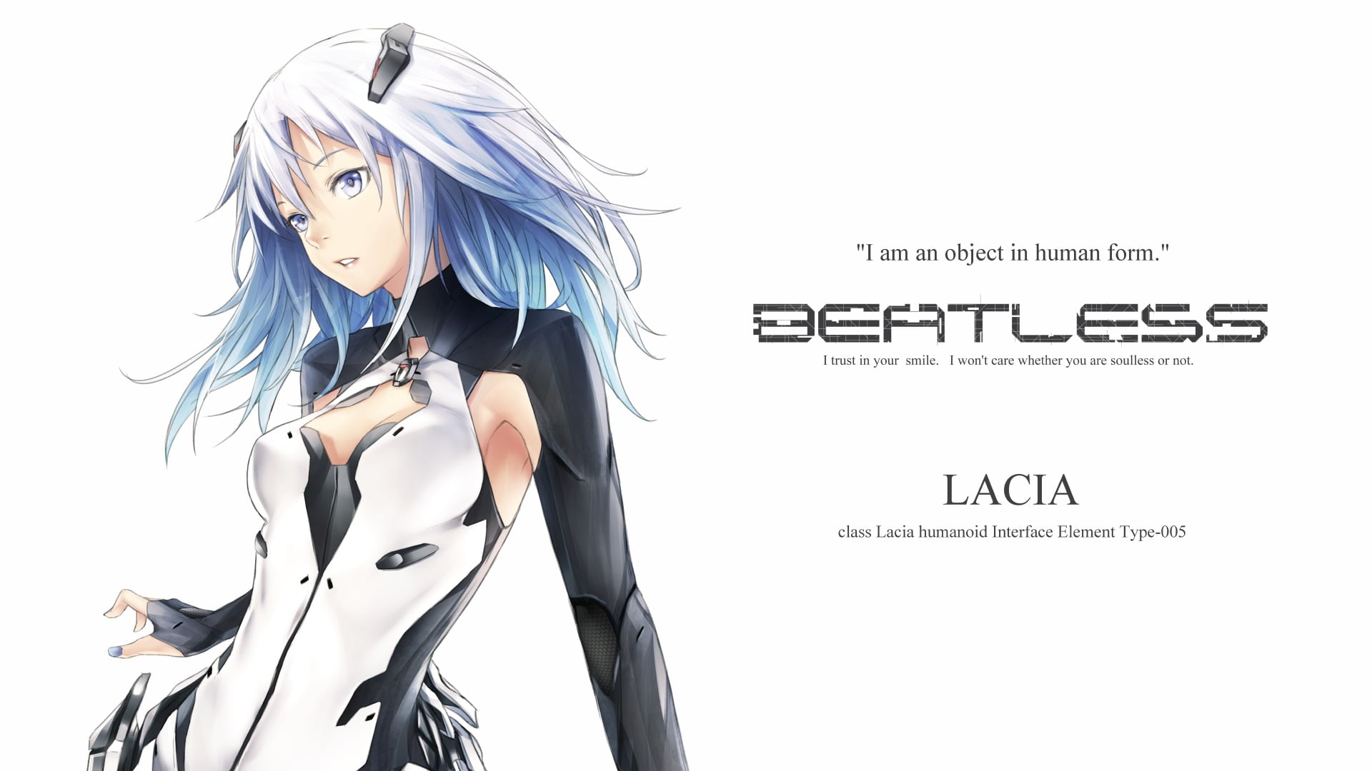 Beatless, Type-005 Lacia , white hair, text, young women, one person