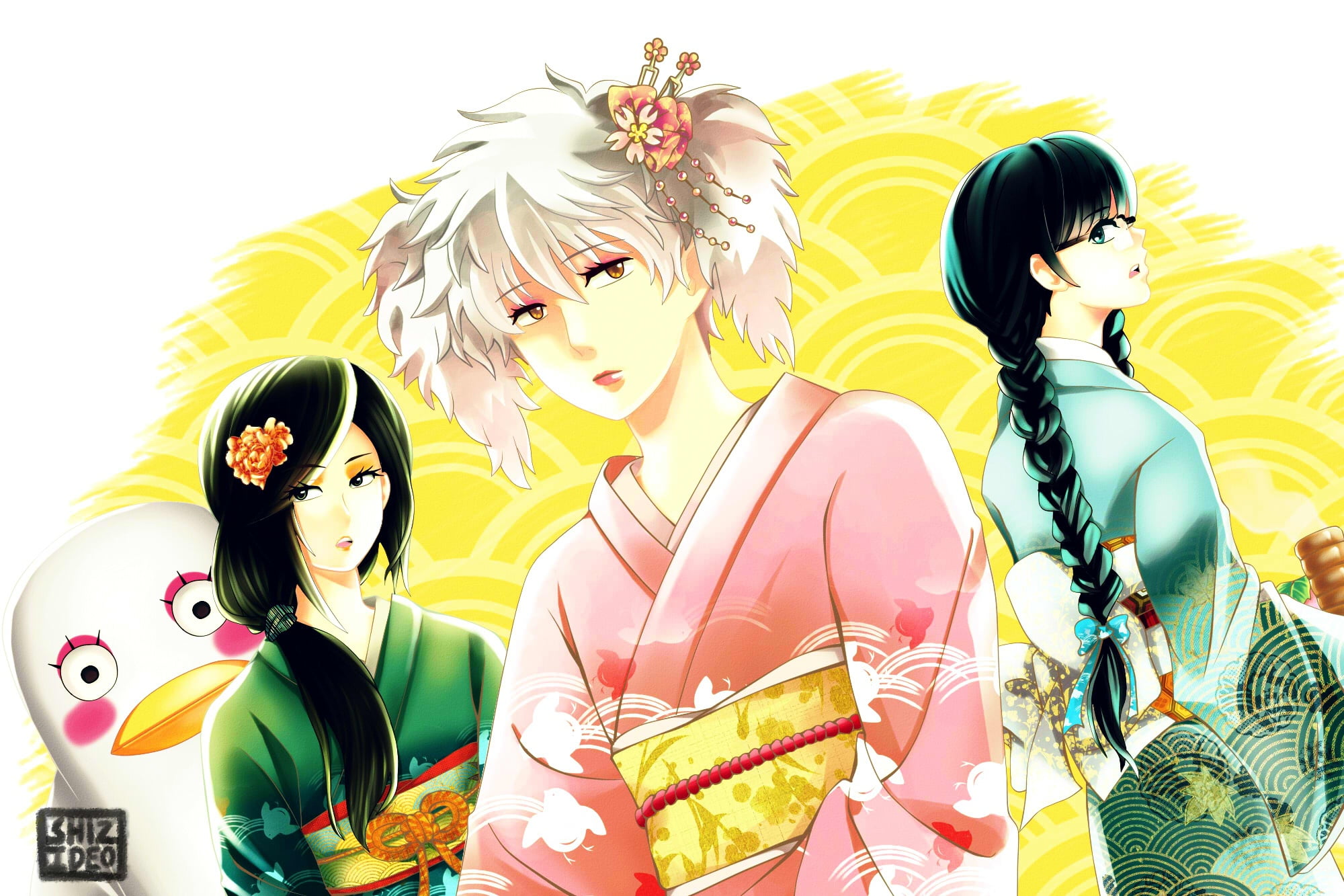 glasses, parody, kimono, hairstyles, geisha, braids, Gintama